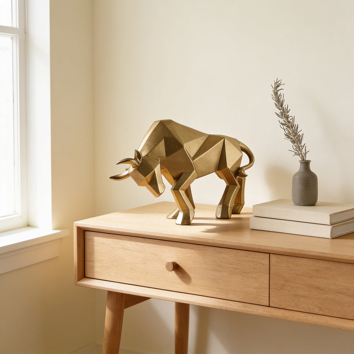 Gold faceted bull statue, large charging pose, on an oak console — Faceted Geometric Bull Statue