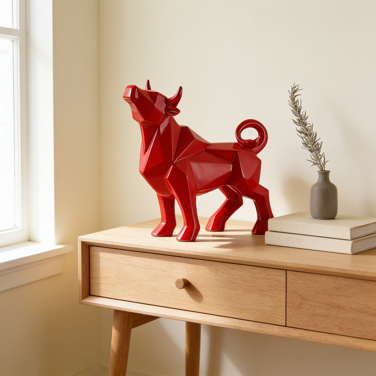 Red faceted bull statue, standing pose, on an oak console — Faceted Geometric Bull Statue