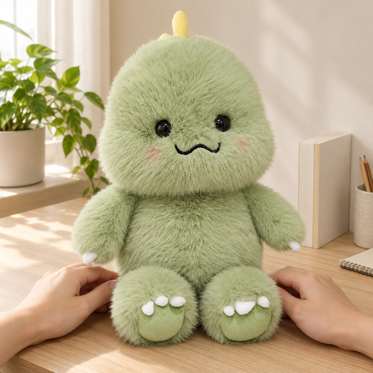 Green dinosaur plush on an oak desk with adult hands resting beside its feet
