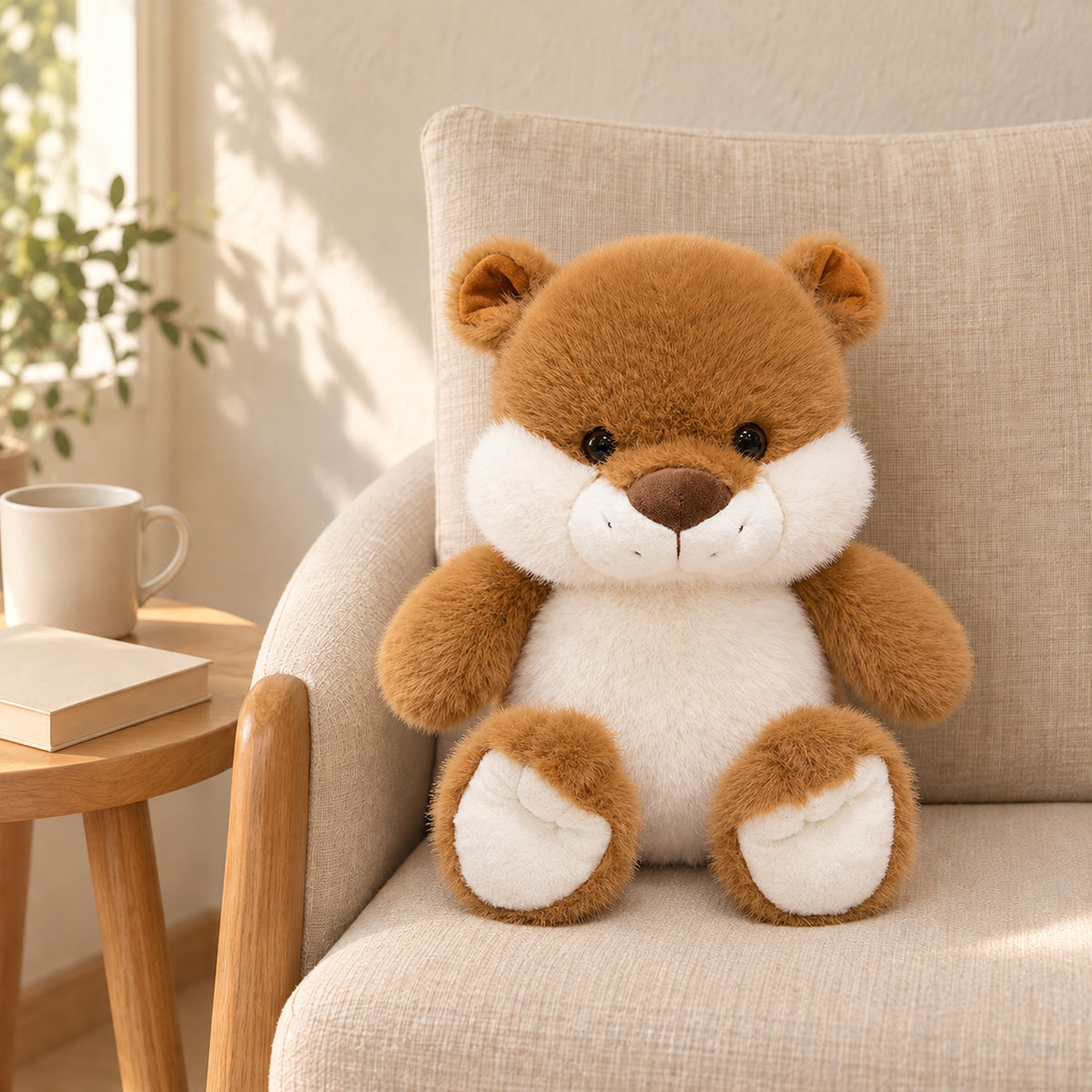 Brown-and-cream otter plush without a diaper seated on the same oatmeal reading chair