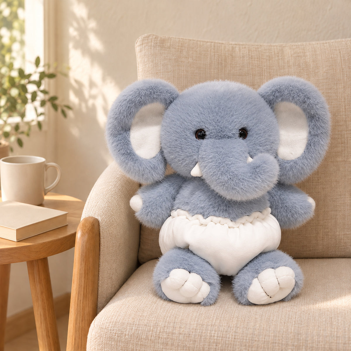 Blue-gray elephant plush with a white gathered diaper on the oatmeal reading chair