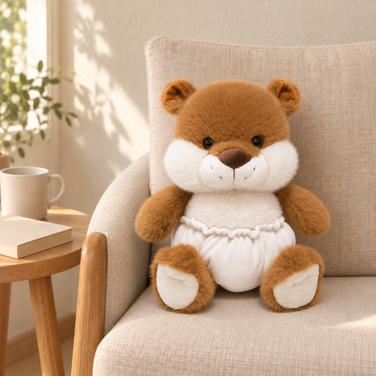 Brown-and-cream otter plush with a white gathered diaper on the oatmeal reading chair