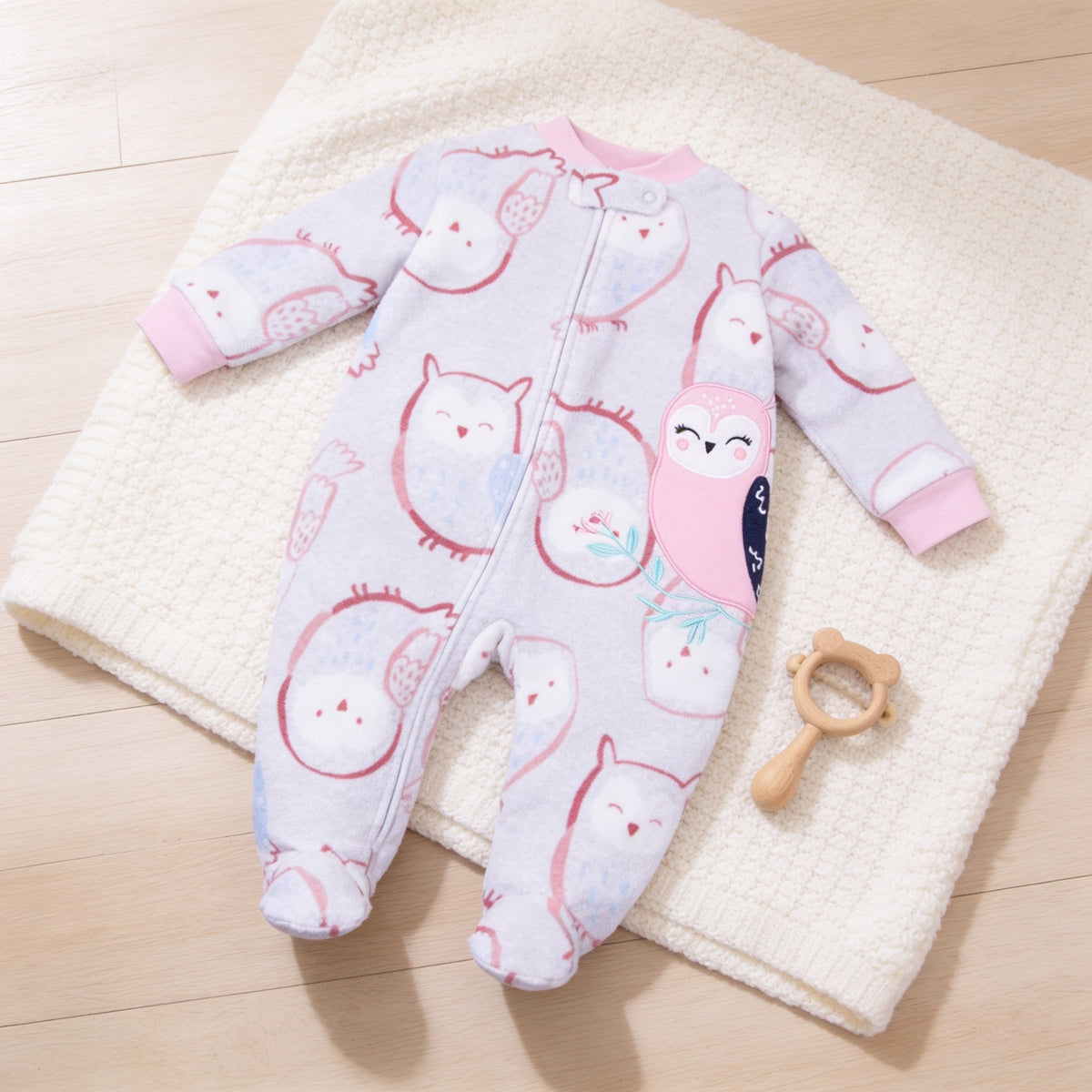 Lavender Owl fleece zip-up baby footie pajamas, lavender owl print, laid flat.