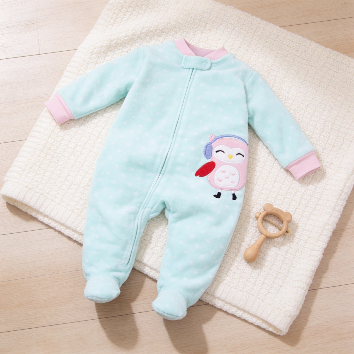 Mint Owl fleece zip-up baby footie pajamas, mint with owl appliqué, laid flat.