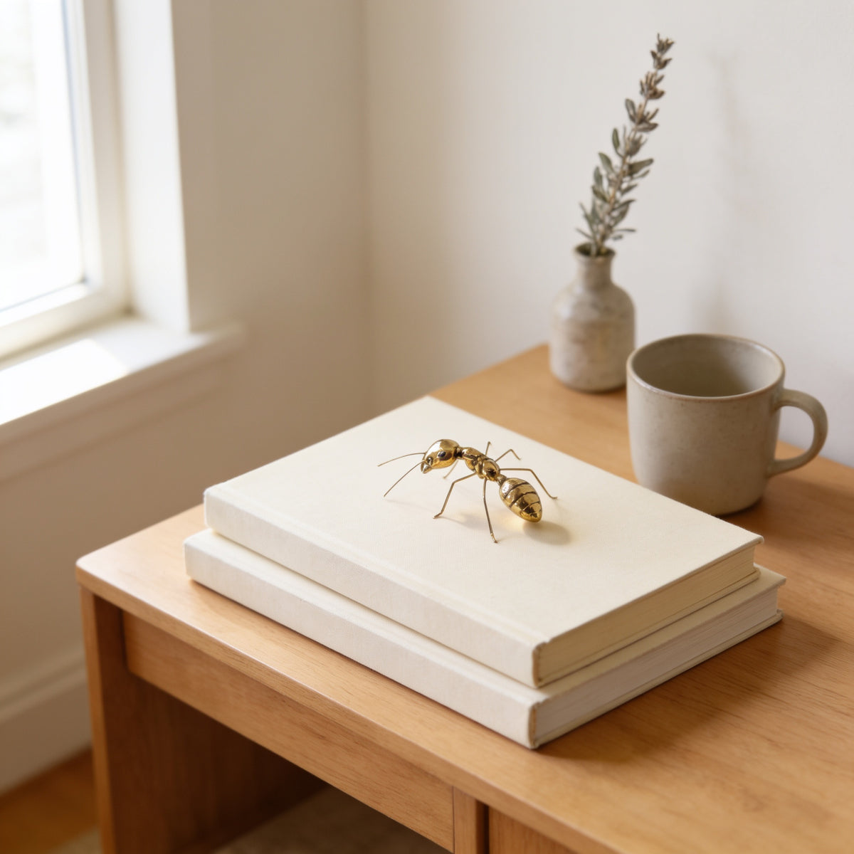 Gold metal ant figurine on a stack of books on an oak console — Gold Metal Insect Figurine, Ant or Butterfly
