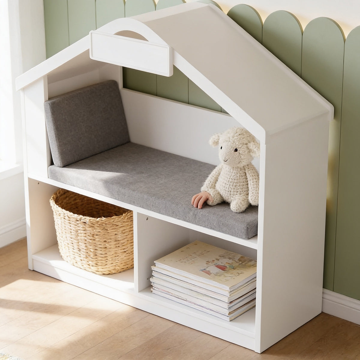 Close detail of the removable gray seat cushion and backrest above the open base cubbies.