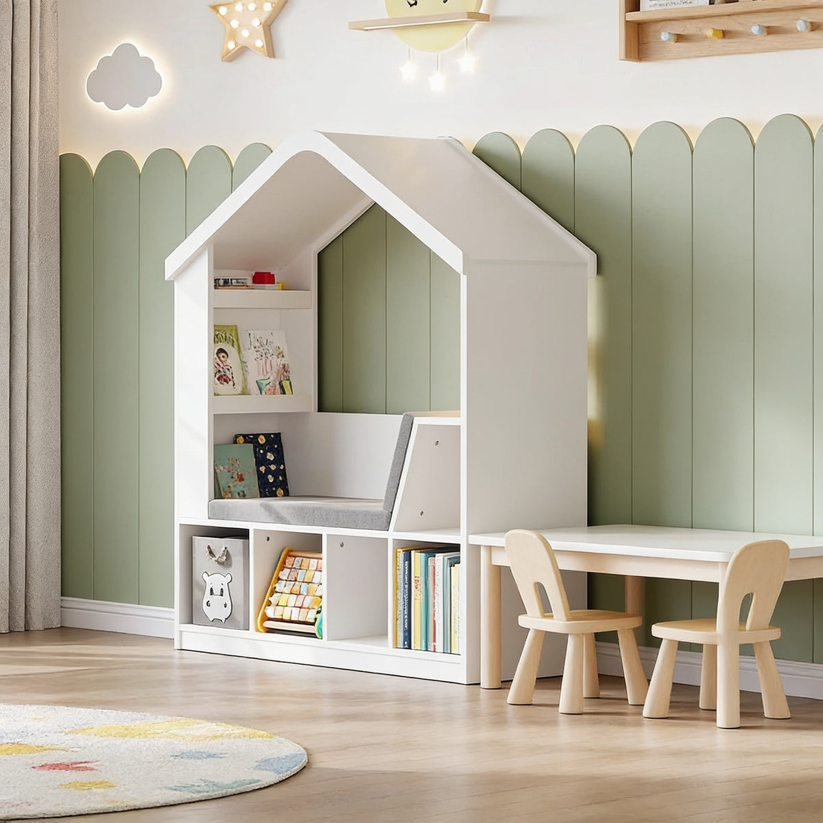 White house bookshelf in a playroom beside a kids' table, 120 cm wide and 40 cm deep, books facing out.