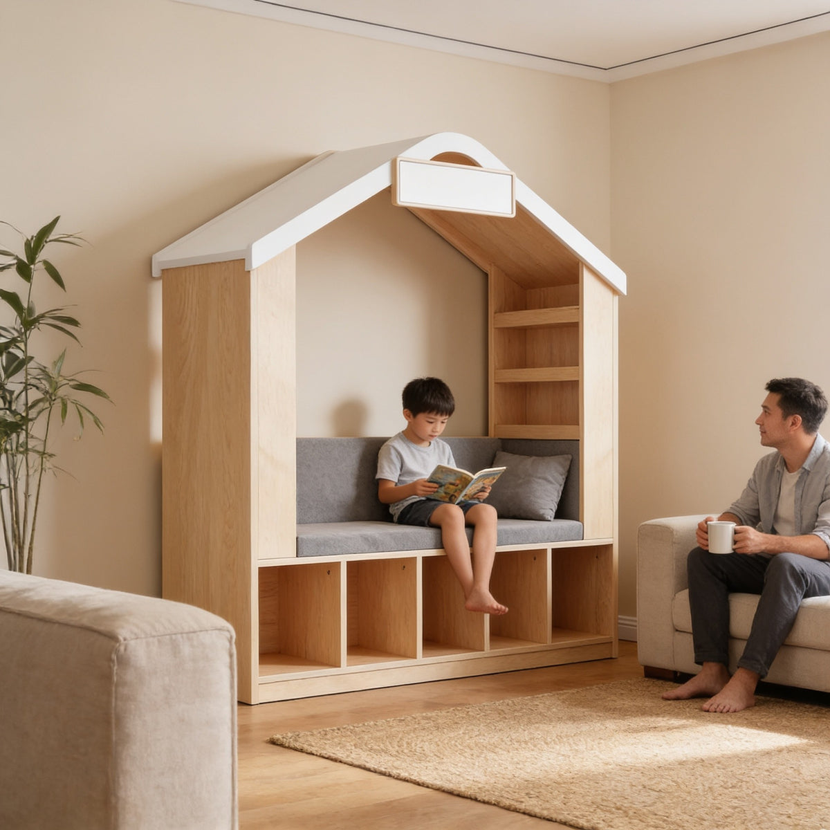 Boy reading on the gray bench inside the natural wood-tone house bookshelf while his father sits nearby.
