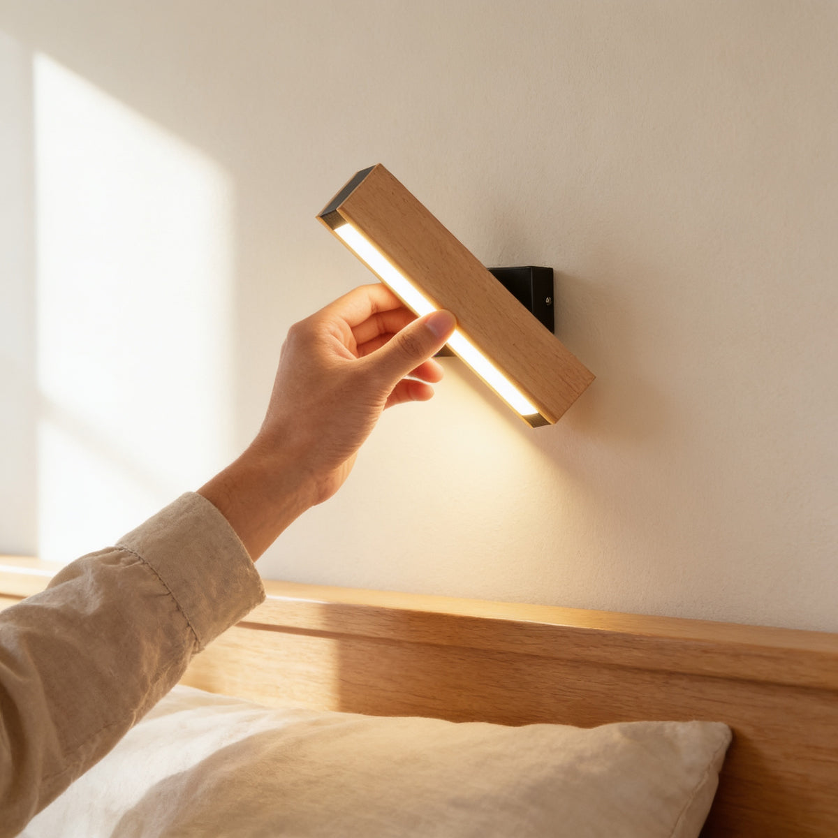 Hand turning the beech light bar of the swivel wall sconce on a cream wall — Hardwired Solid Wood Swivel Wall Sconce