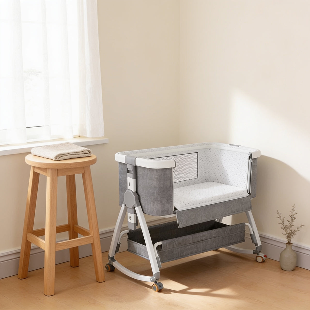 Grey and white height-adjustable rocking bedside bassinet standing on a pale oak floor in a cream nursery corner, near long side folded down to show the white dotted mattress inside, charcoal storage tray slung in the white aluminium frame below