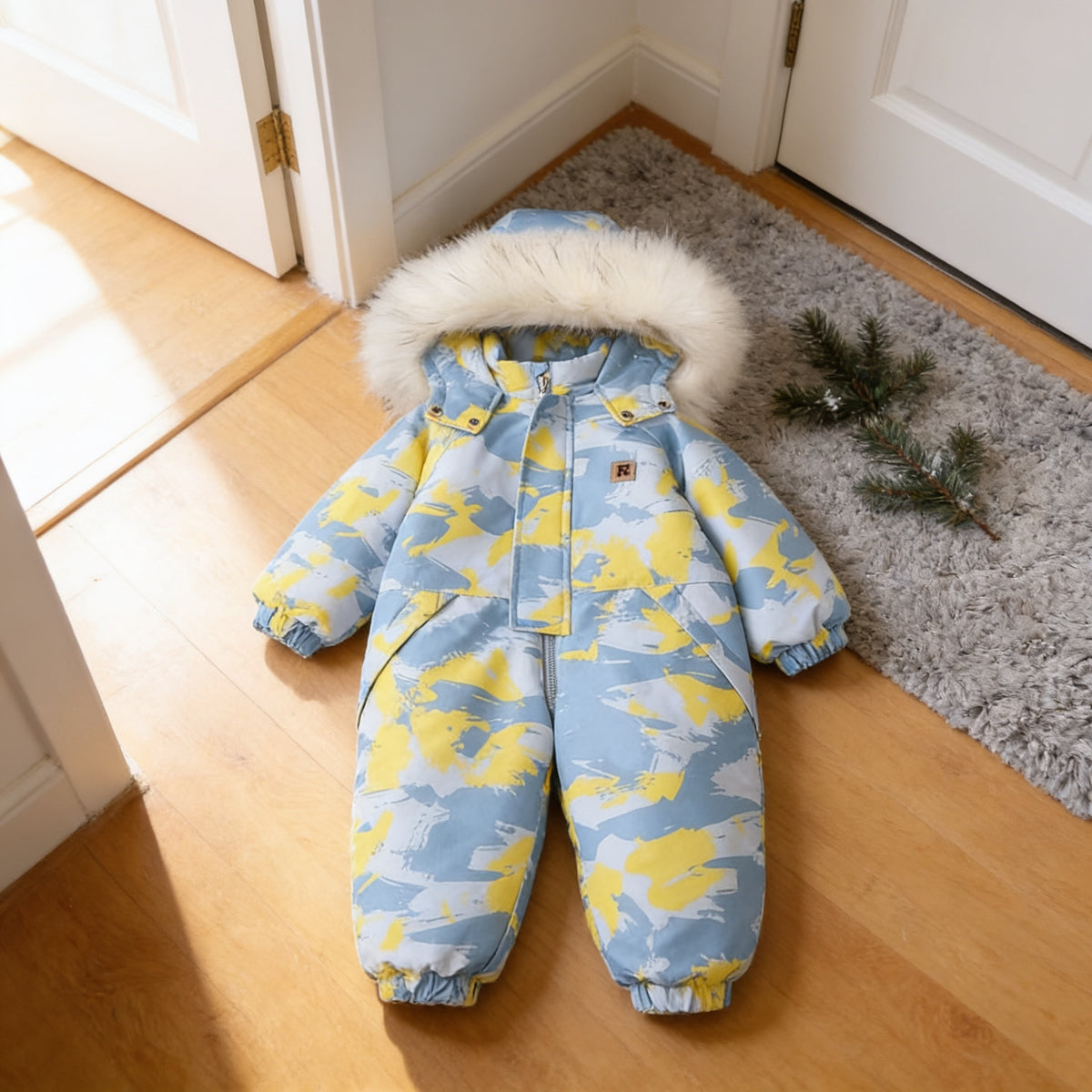 Blue Camo hooded one-piece toddler snowsuit laid flat on a honey-oak entryway floor beside a grey doormat and pine sprigs