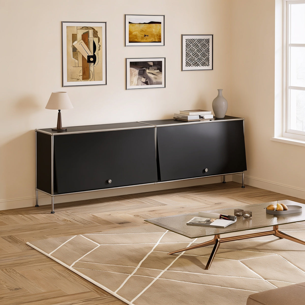 Black modular metal low one-tier cabinet with two doors with chrome frame and ball connectors in a living room.