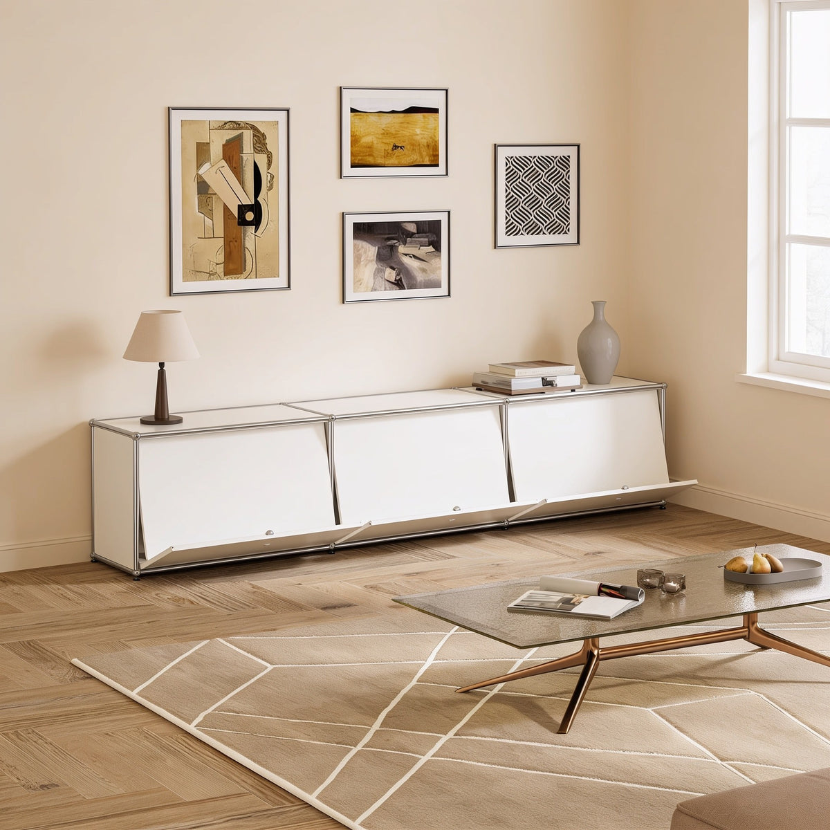 White modular metal long low one-tier cabinet with three doors with chrome frame and ball connectors in a living room.