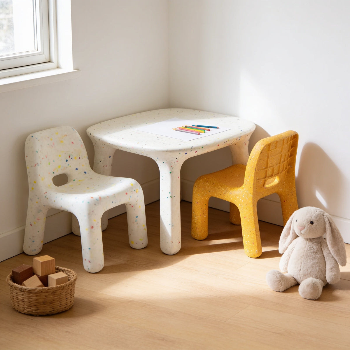 White speckled kids table with white & yellow speckled chairs in a sunny kids room.