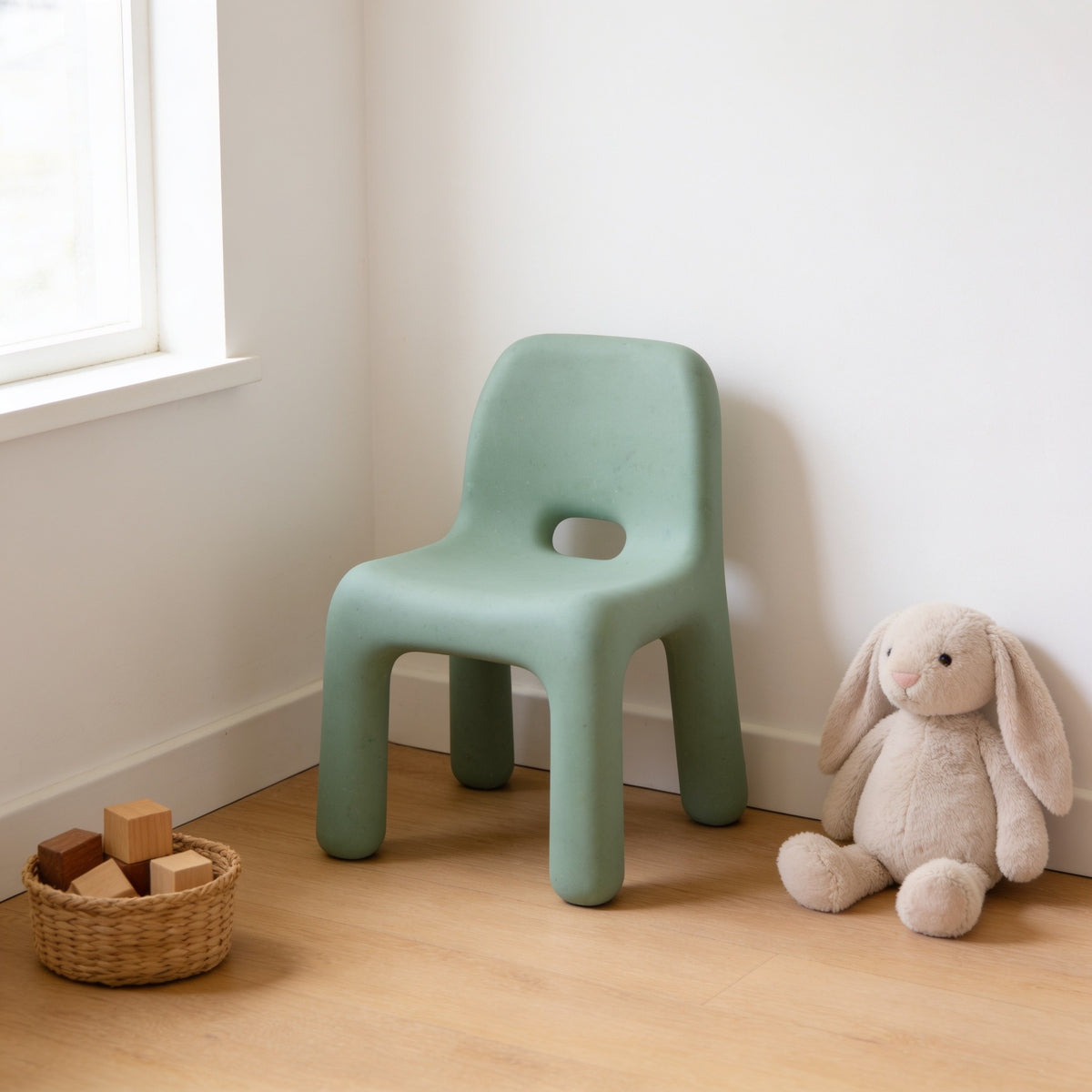 Sage Green speckled molded kids chair with a hand-hole backrest in a sunny kids room.