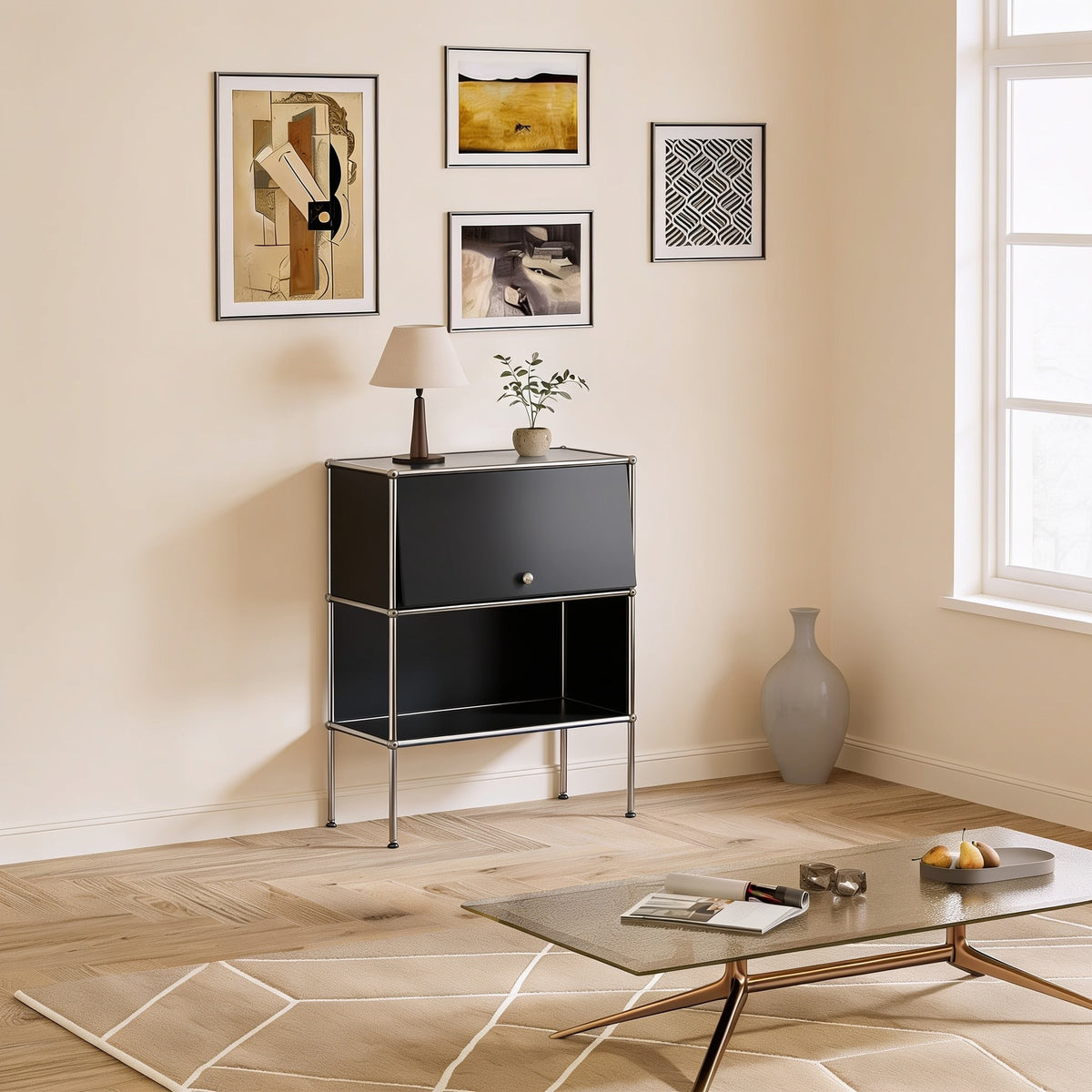 Black modular metal two-tier cabinet with one door with chrome frame and ball connectors in a living room.