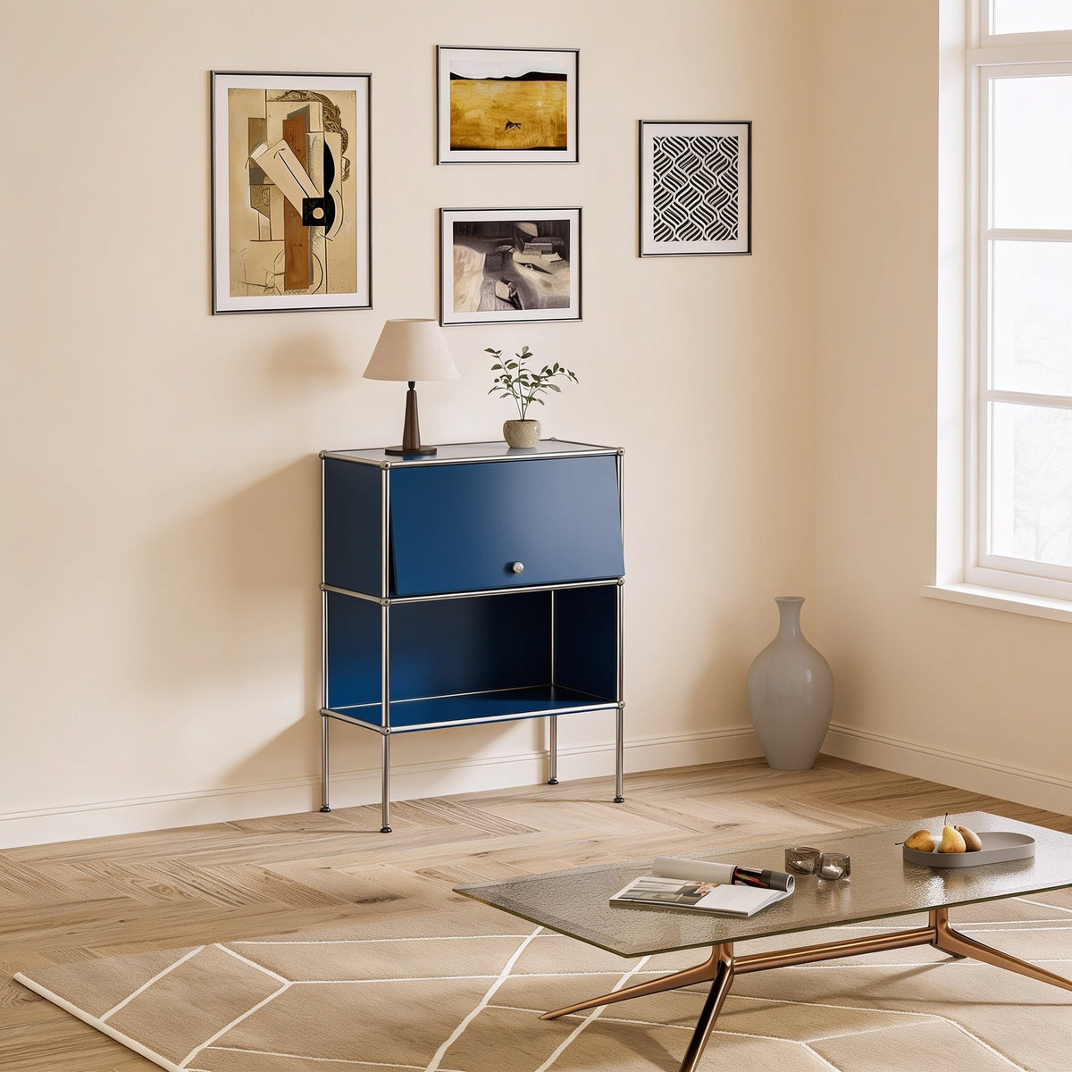 Blue modular metal two-tier cabinet with one door with chrome frame and ball connectors in a living room.