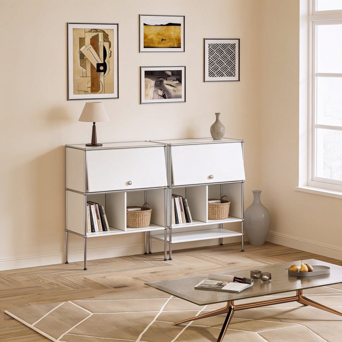 White modular metal two-tier sideboard with two doors with chrome frame and ball connectors in a living room.