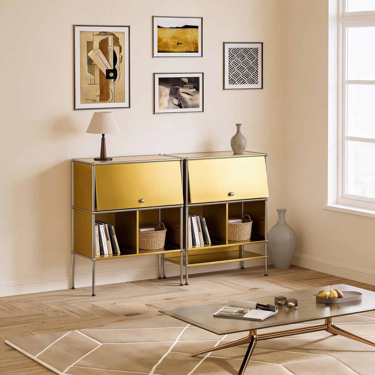 Yellow modular metal two-tier sideboard with two doors with chrome frame and ball connectors in a living room.