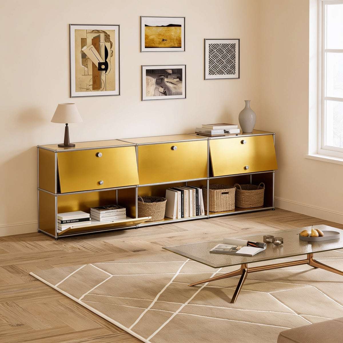 Yellow modular metal long two-tier sideboard with three doors with chrome frame and ball connectors in a living room.