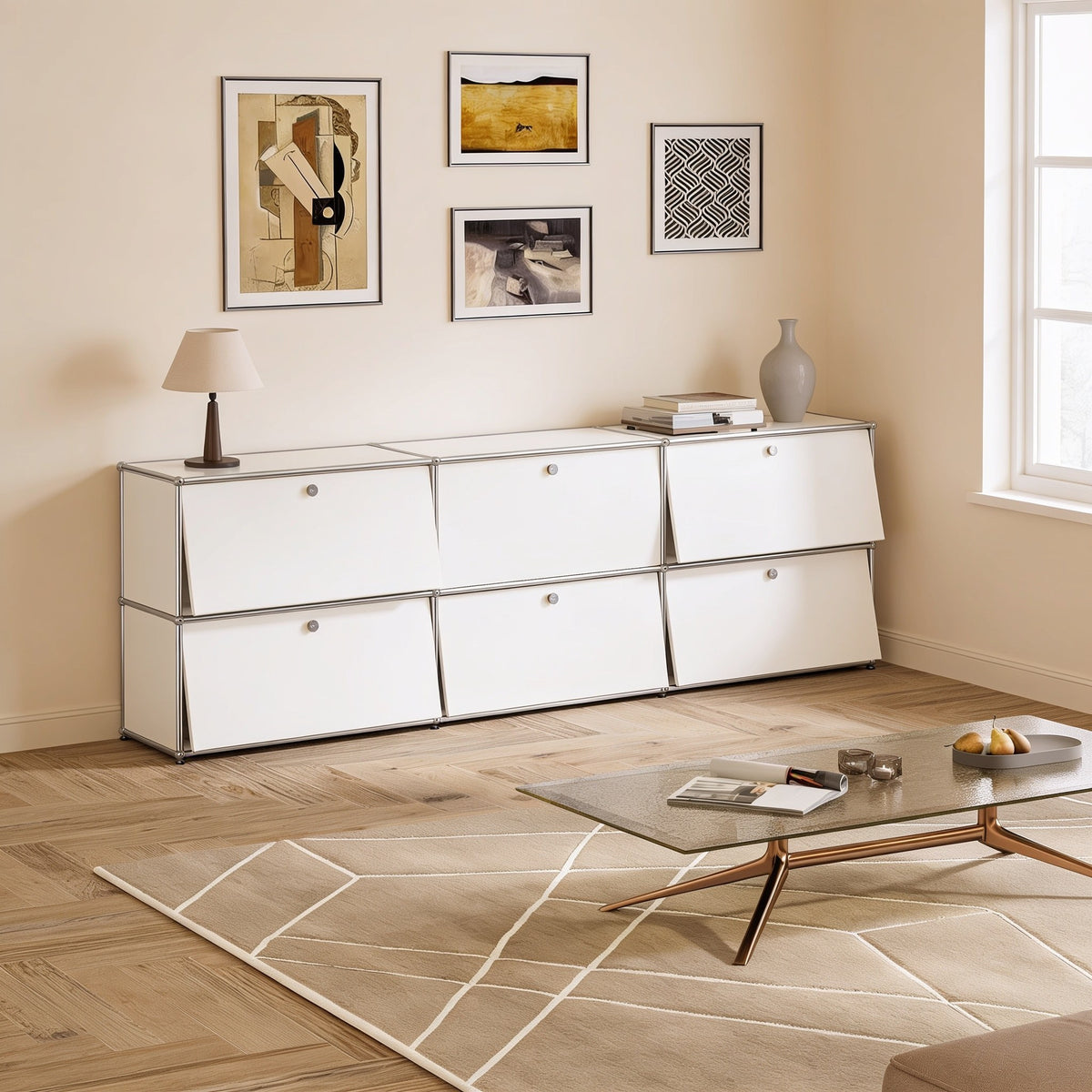 White modular metal long two-tier sideboard with six doors with chrome frame and ball connectors in a living room.