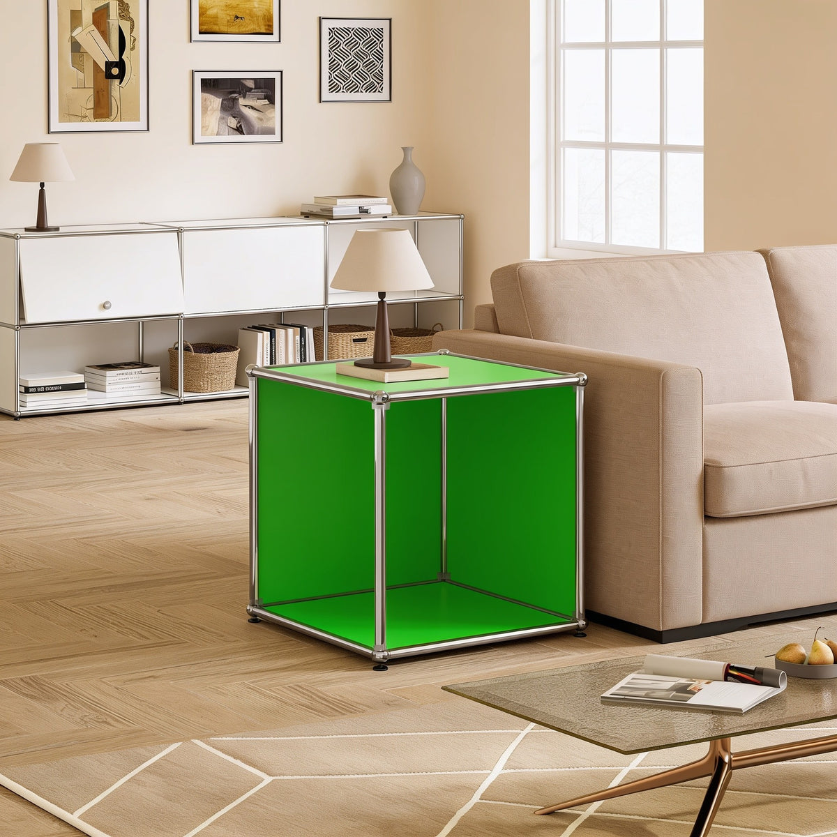 Green modular metal open cube side table with chrome frame and ball connectors in a living room.