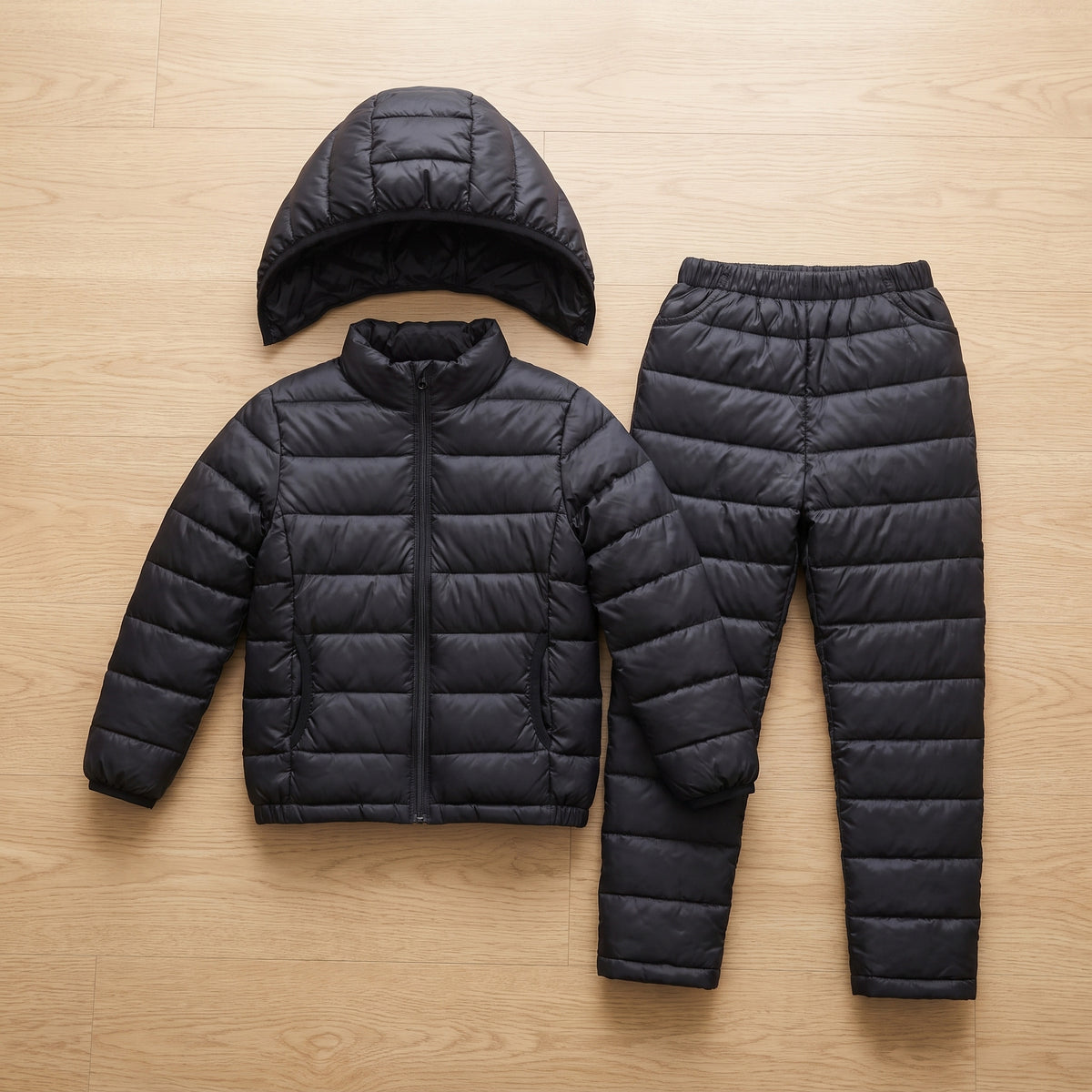 The jacket and trousers laid flat with the hood detached and lying separately