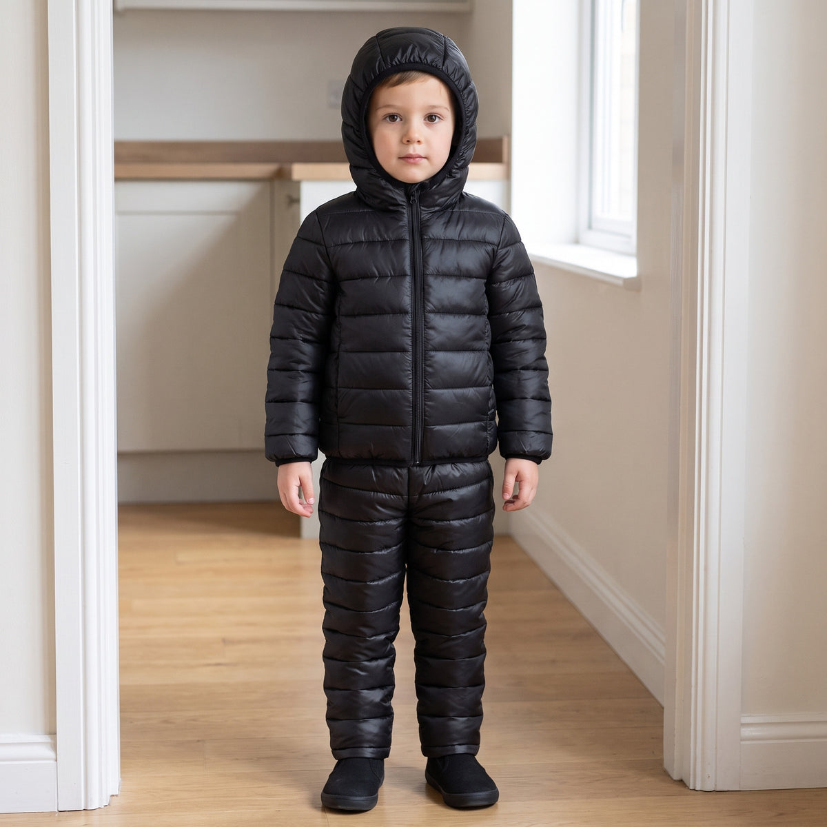 Child wearing the black snowsuit set with the hood up in a kitchen doorway