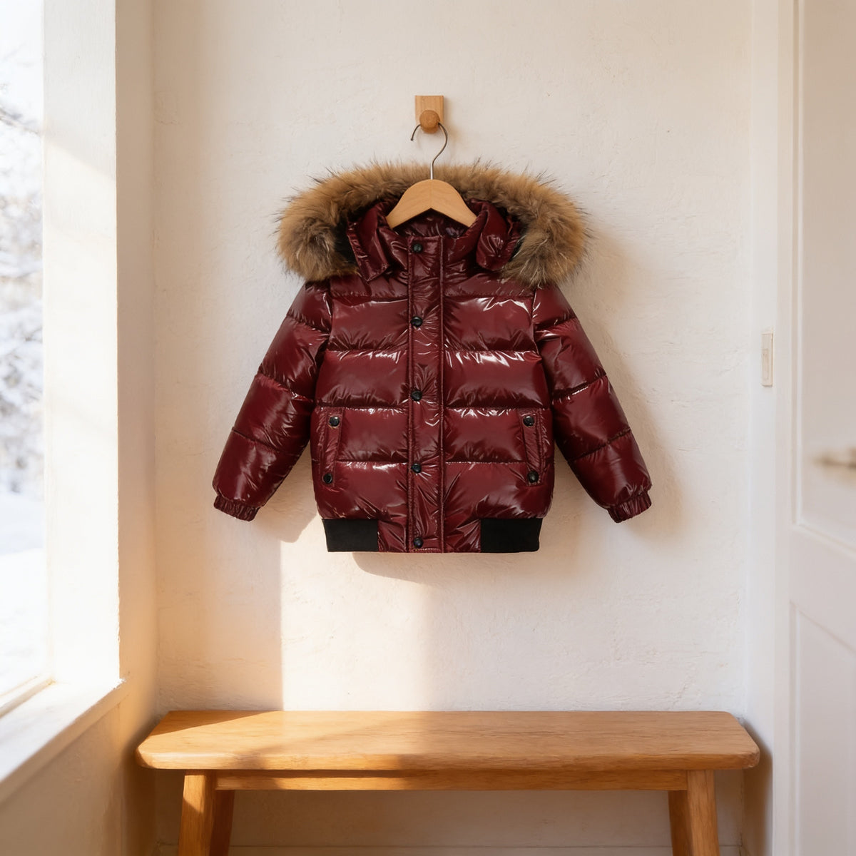 Burgundy glossy kids hooded puffer jacket hanging on a wooden hanger above an oak bench in a bright entryway