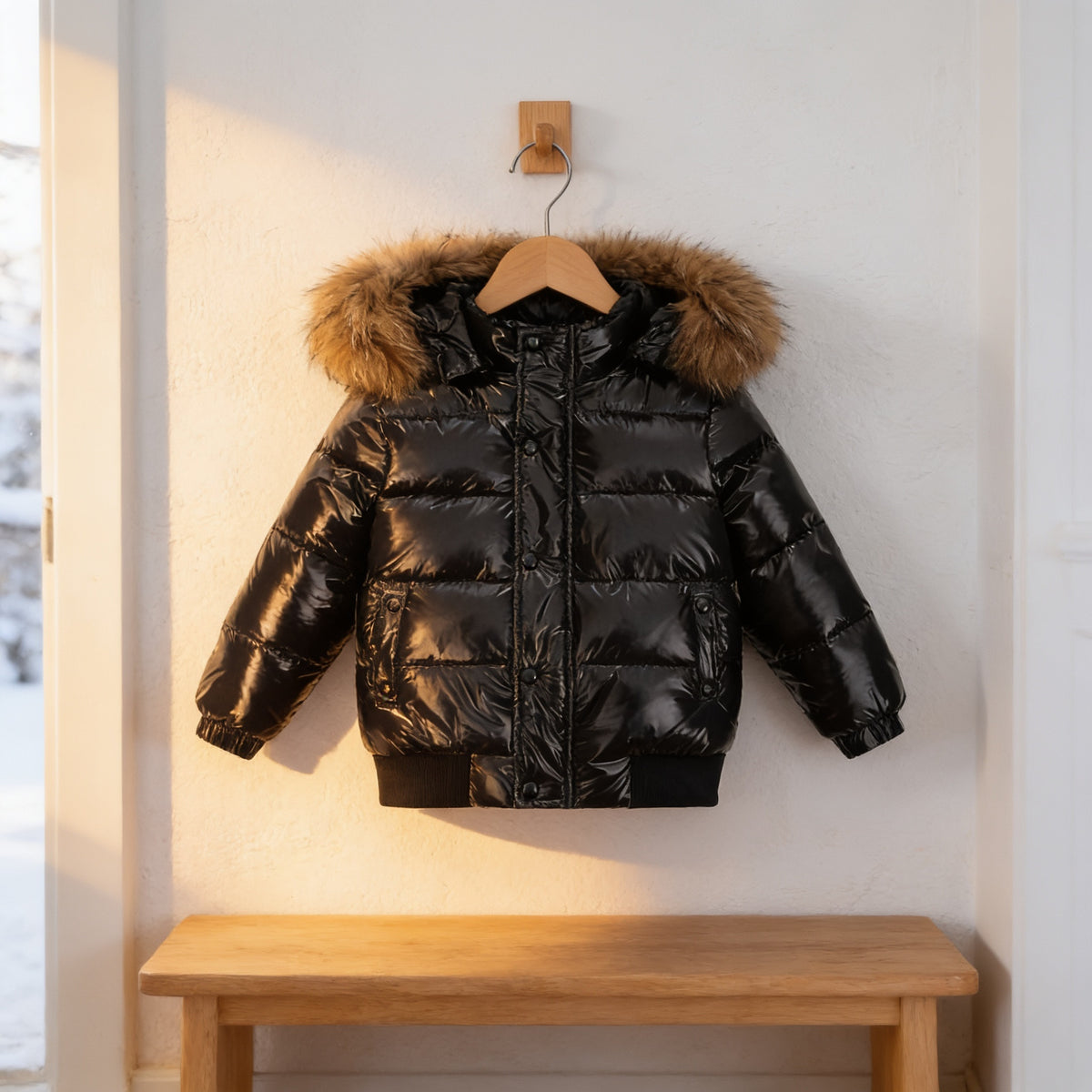 Black glossy kids hooded puffer jacket hanging on a wooden hanger in the same bright entryway
