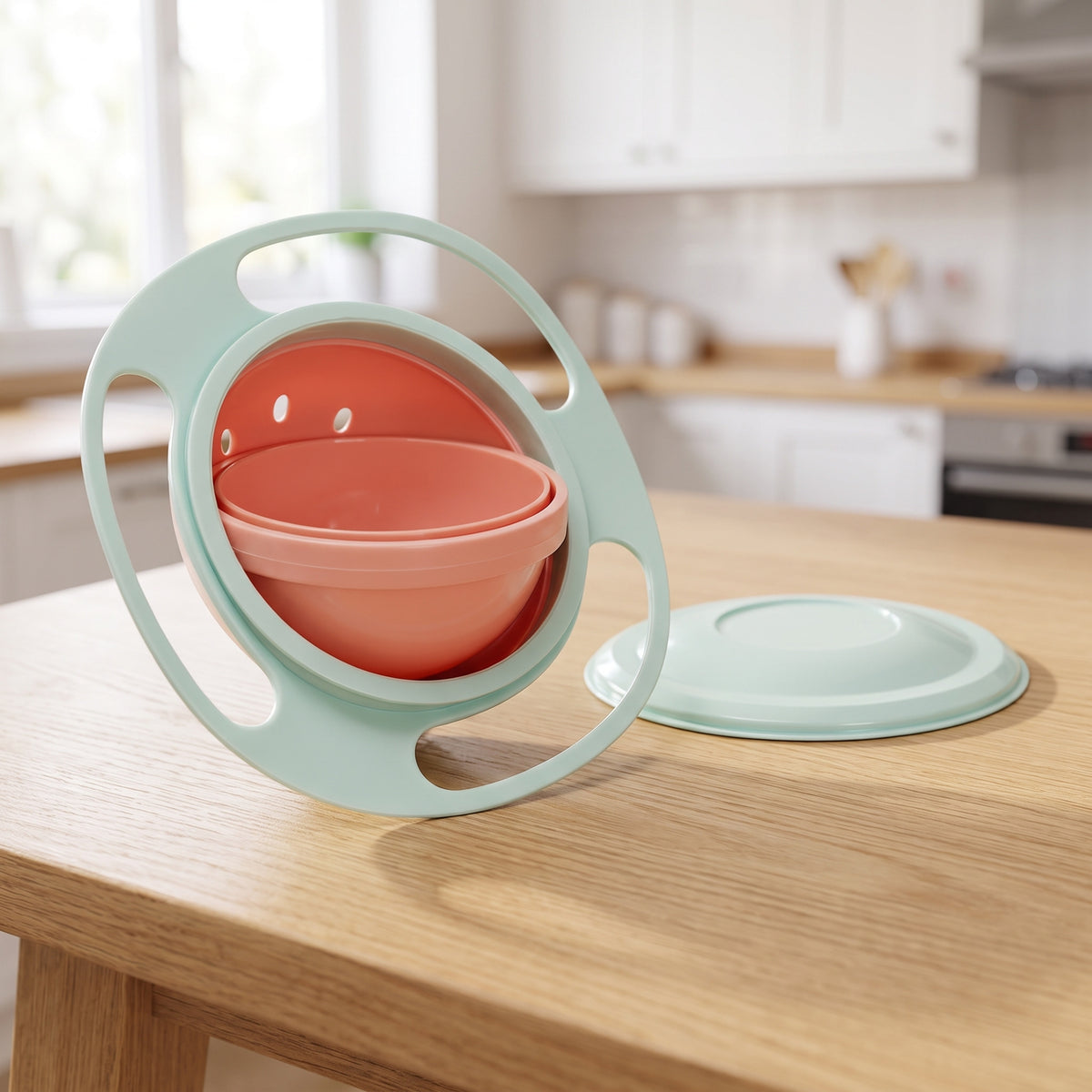 Mint gyro snack bowl with coral inner bowl and mint lid on a kitchen table