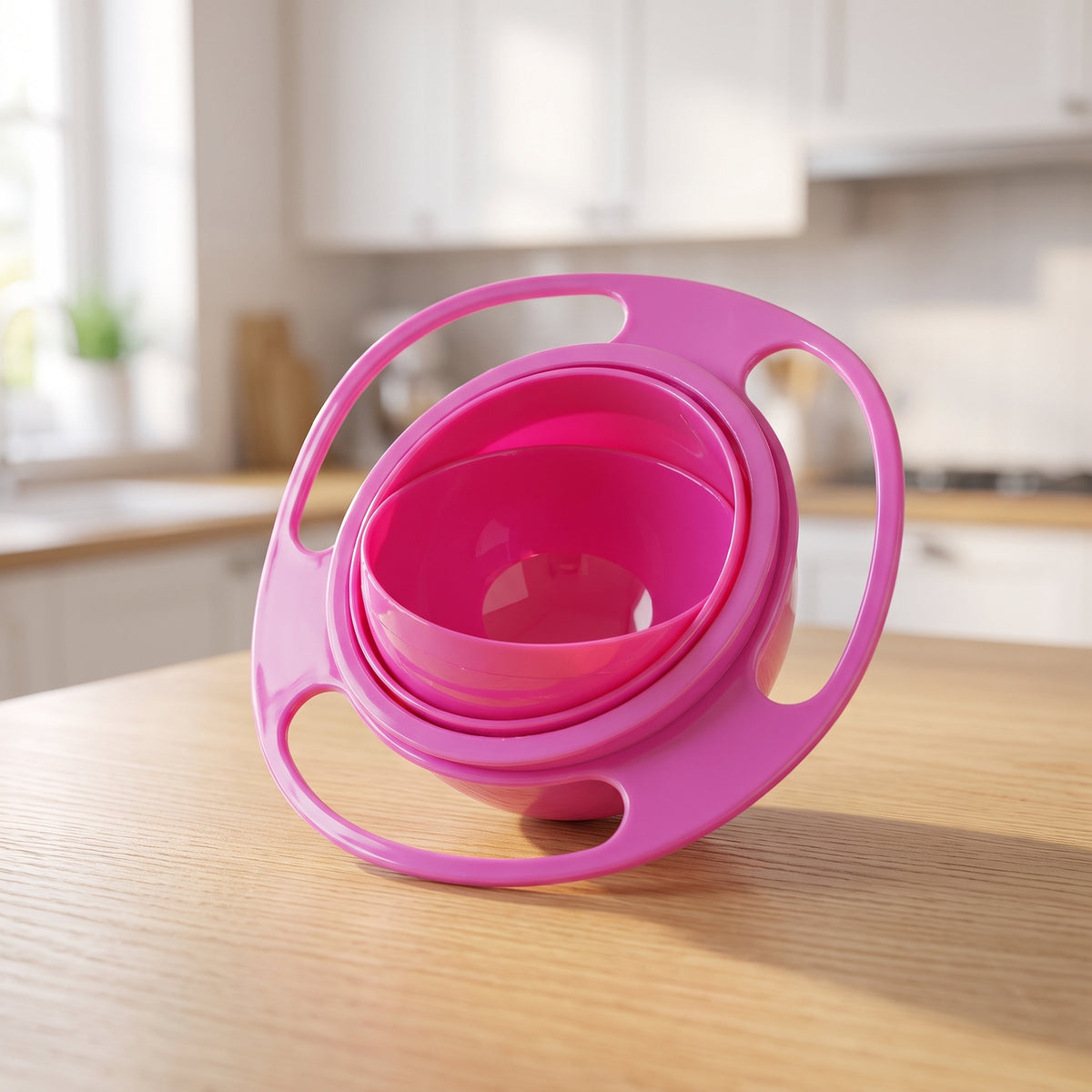 Rose gyro snack bowl on a light oak kitchen table