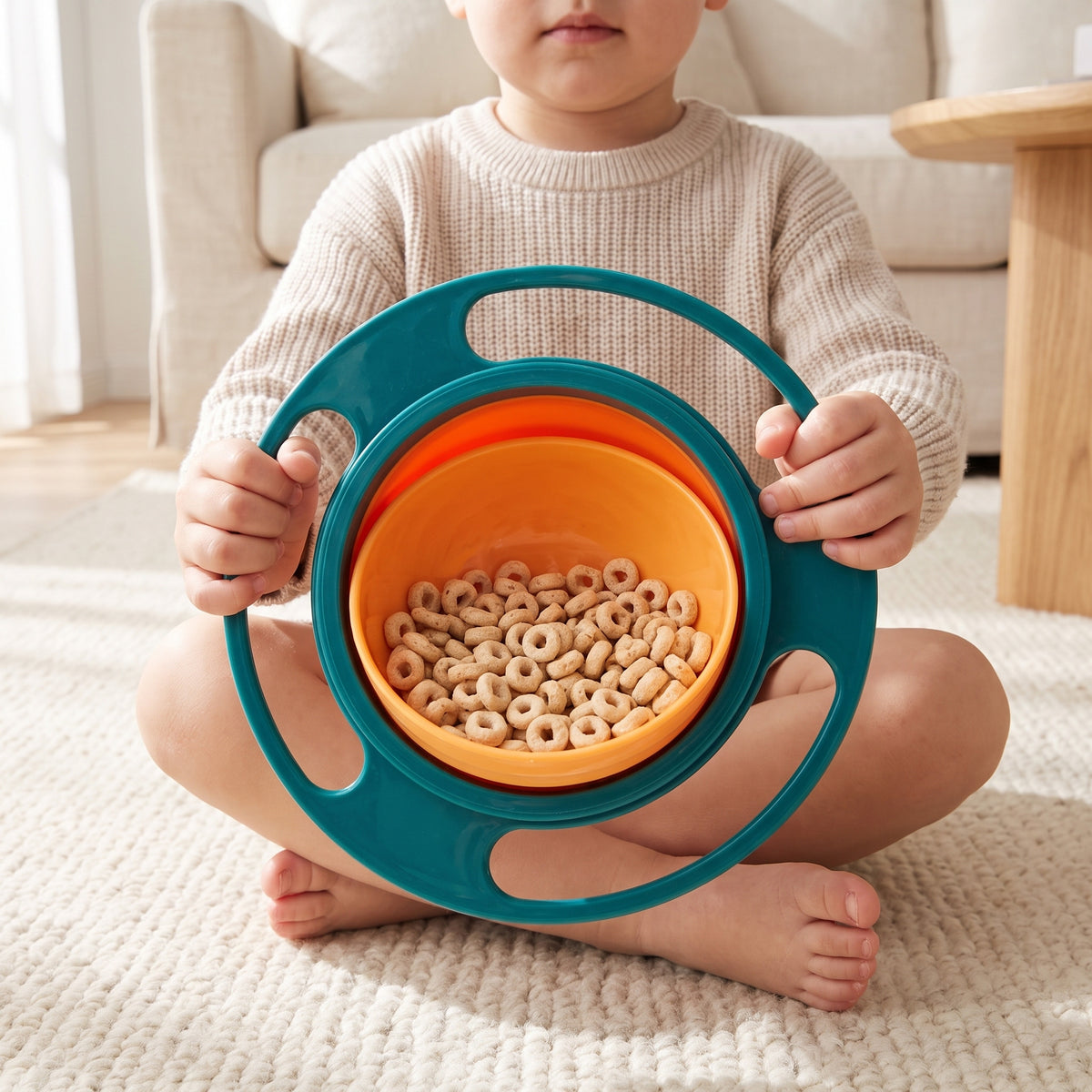 Toddler sitting on a rug holding the teal gyro snack bowl by its frame, cereal staying inside