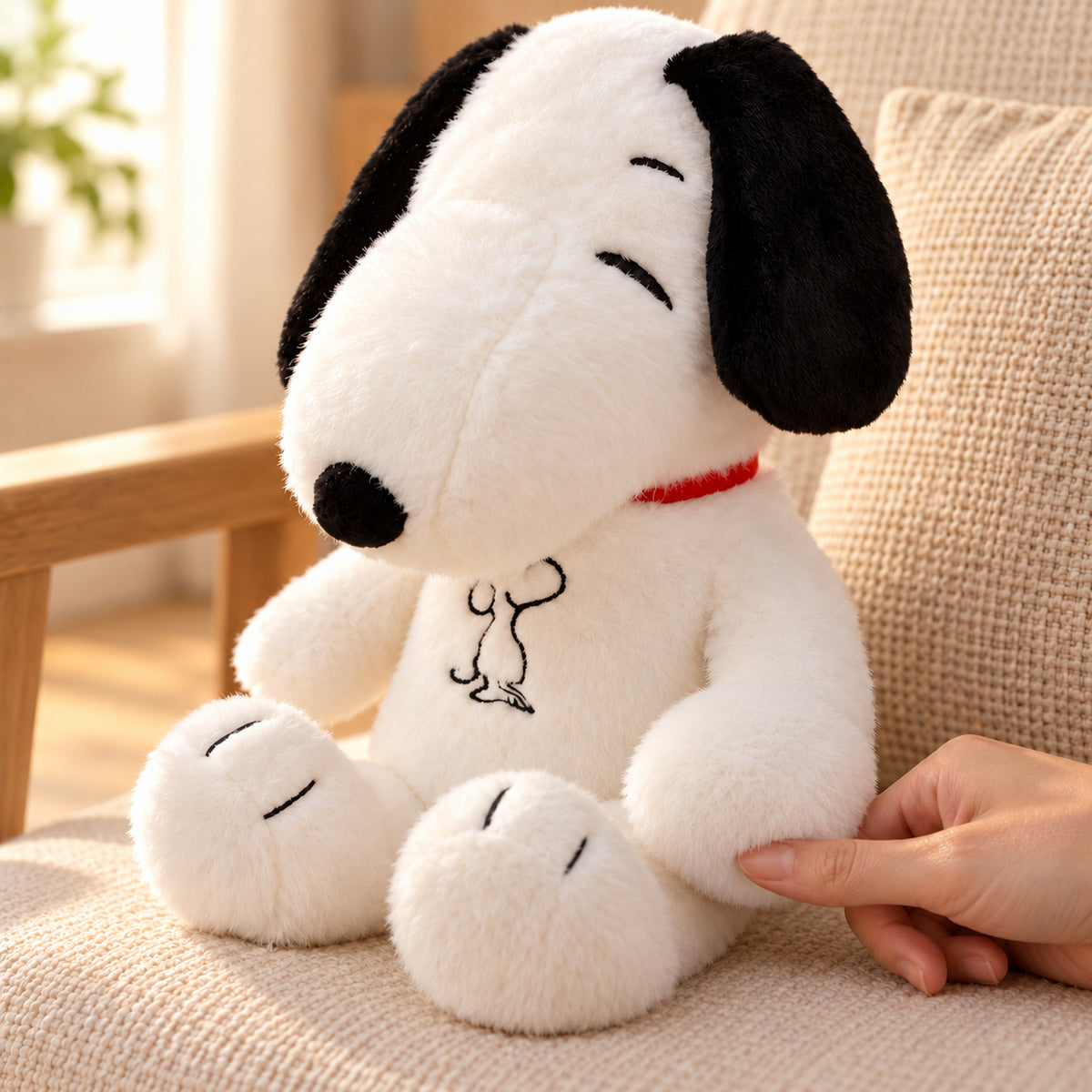 Adult fingertip touching underneath the white puppy plush left forepaw where its concealed switch sits