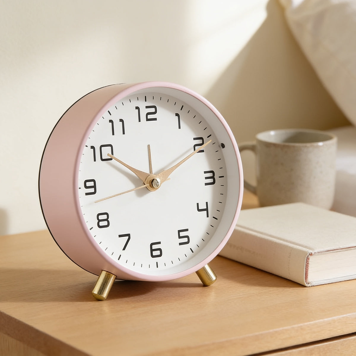 Blush pink silent analog alarm clock on a bedside table in a cream bedroom