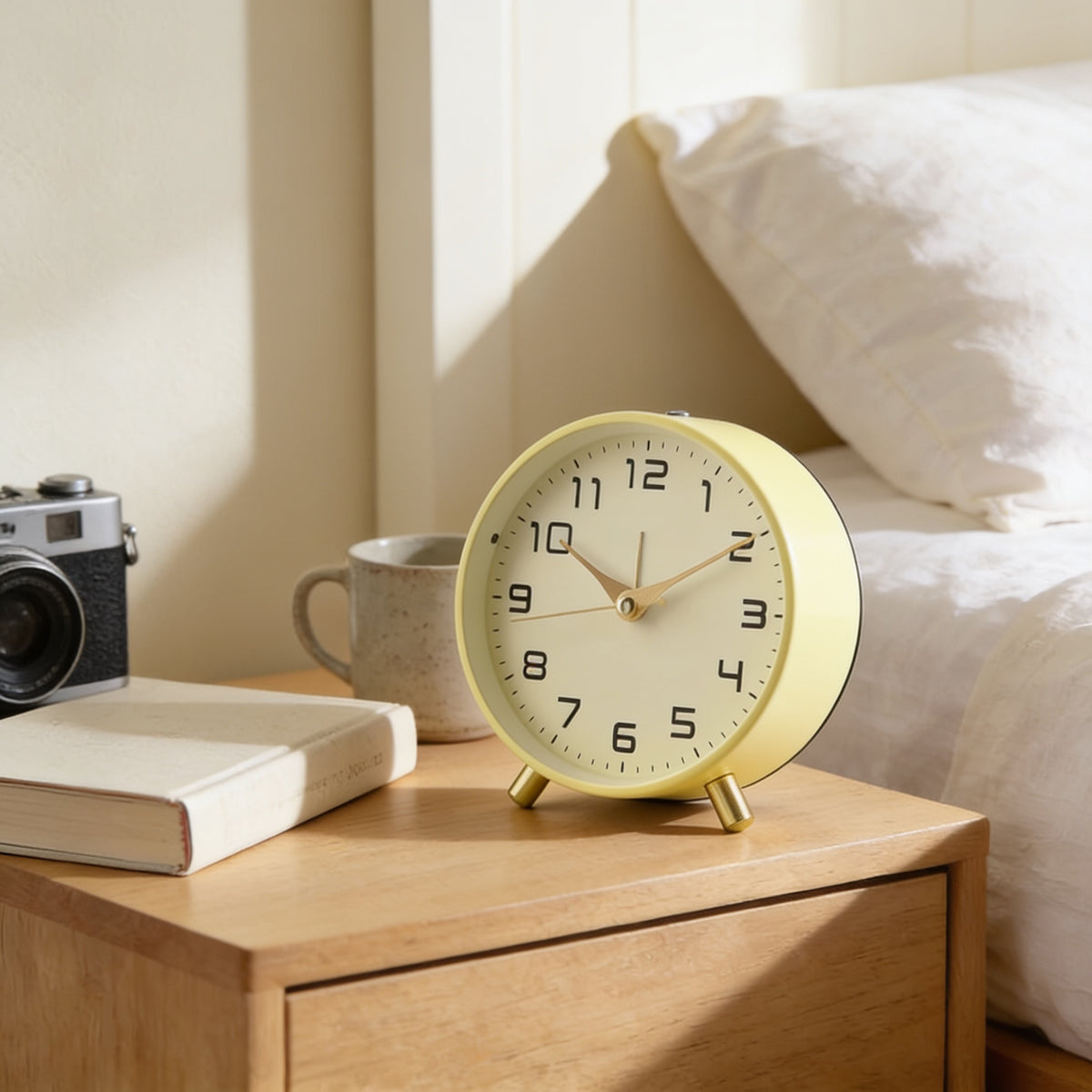Butter yellow silent analog alarm clock on a bedside table in a cream bedroom