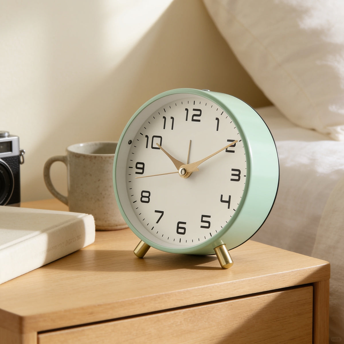 Mint green silent analog alarm clock on a bedside table in a cream bedroom
