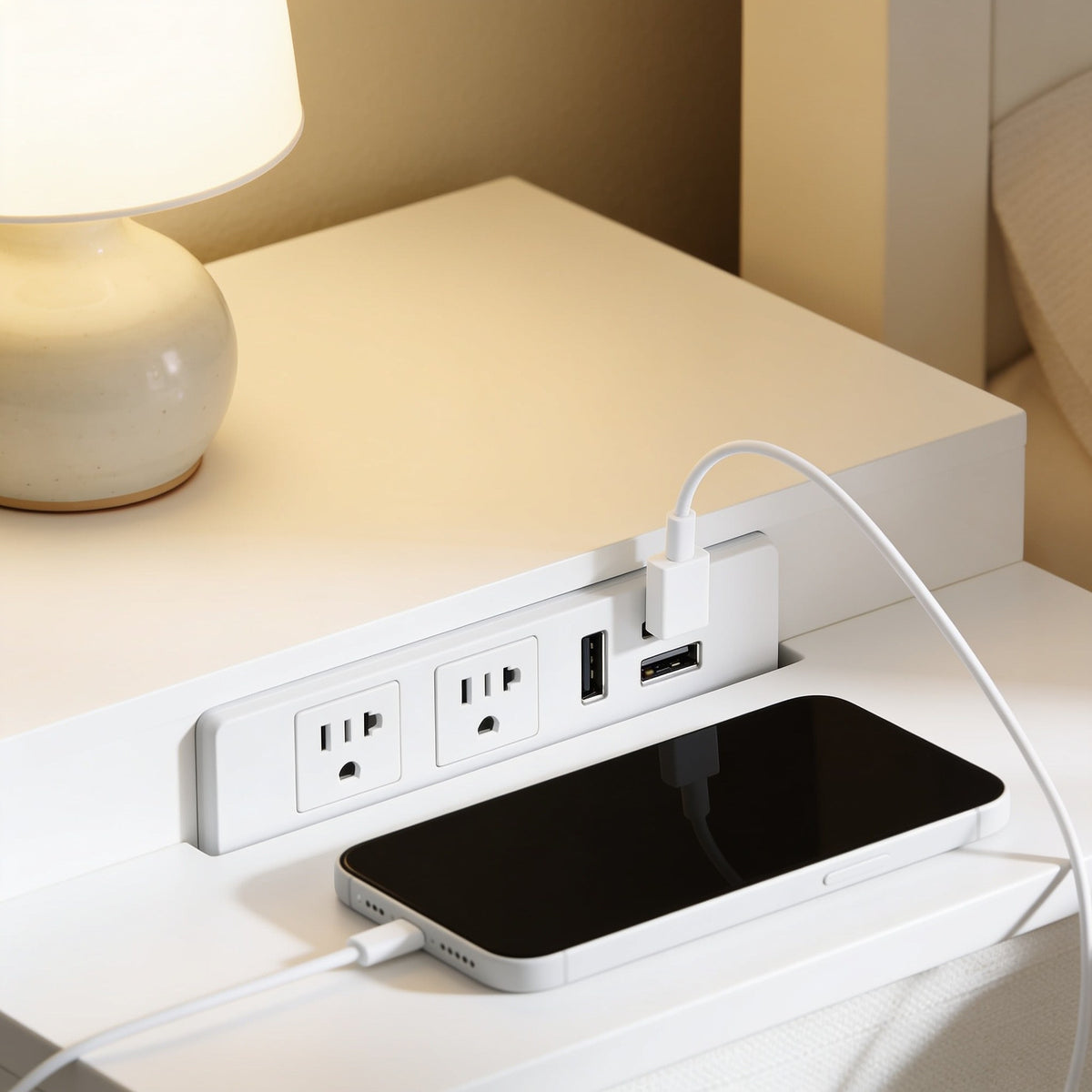 Power strip built into the back edge of the nightstand top with two outlets, USB and USB-C ports charging a phone.