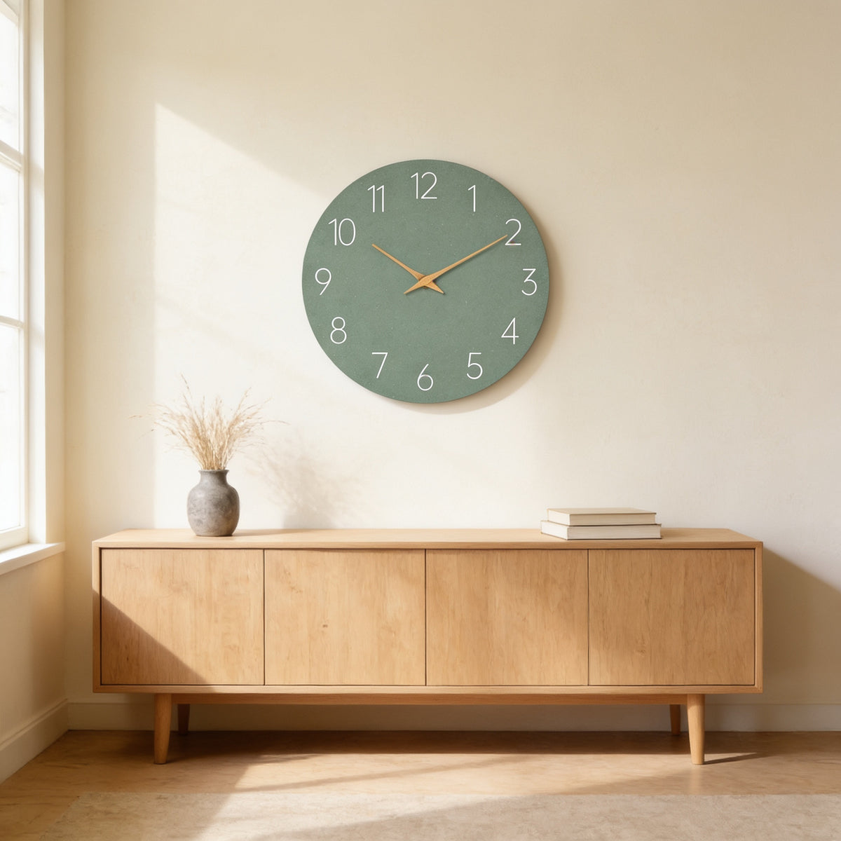 Sage green frameless wall clock above an oak sideboard in a sunlit living room