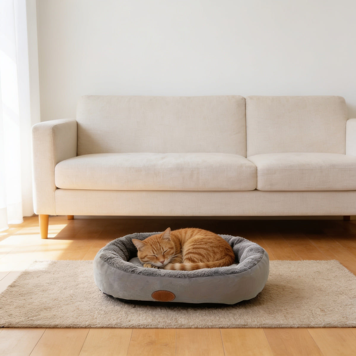 Ginger cat curled up asleep in the gray oval plush pet bed in a bright living room