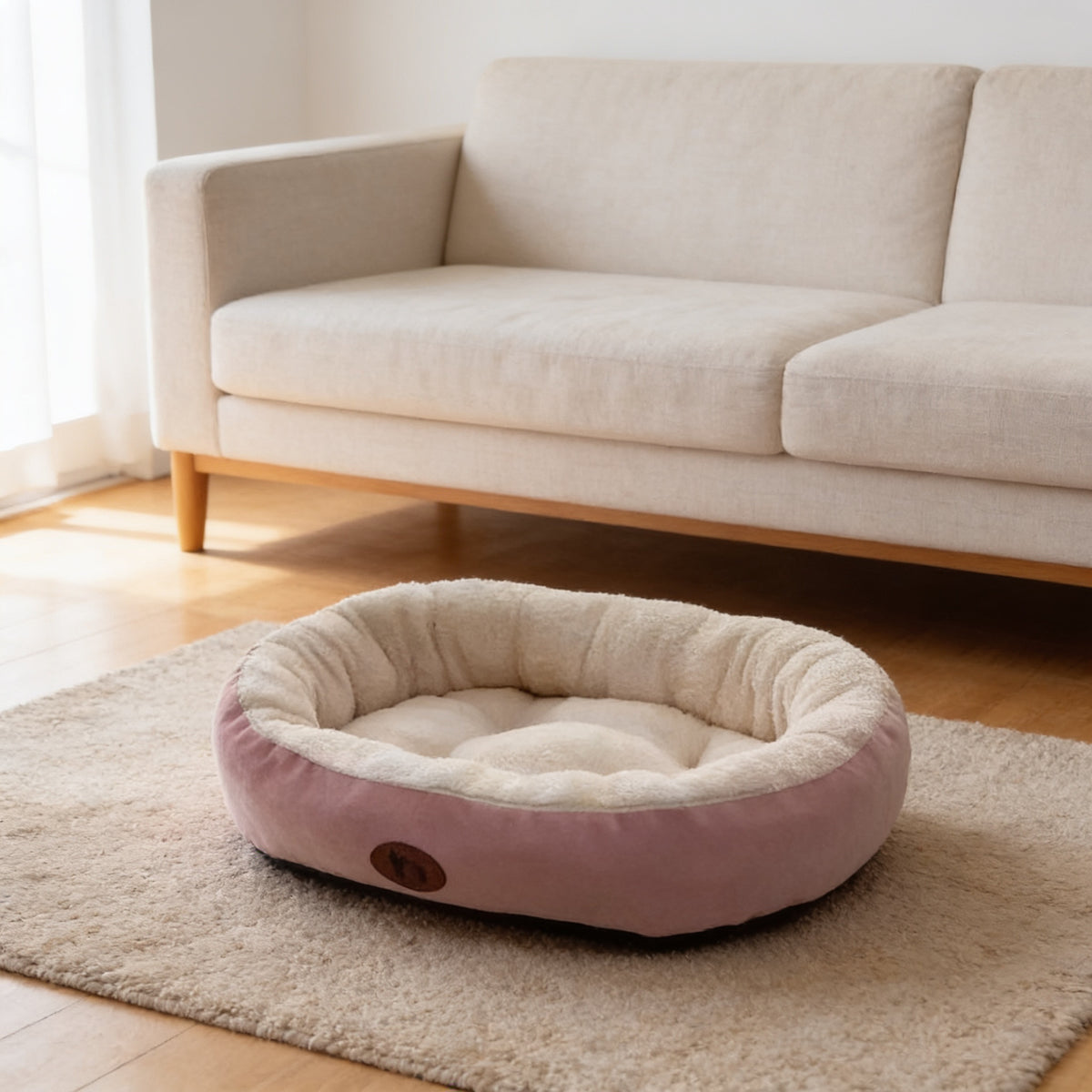 Pink oval plush cat and dog bed with a cream plush rim on an oatmeal rug in front of a linen sofa
