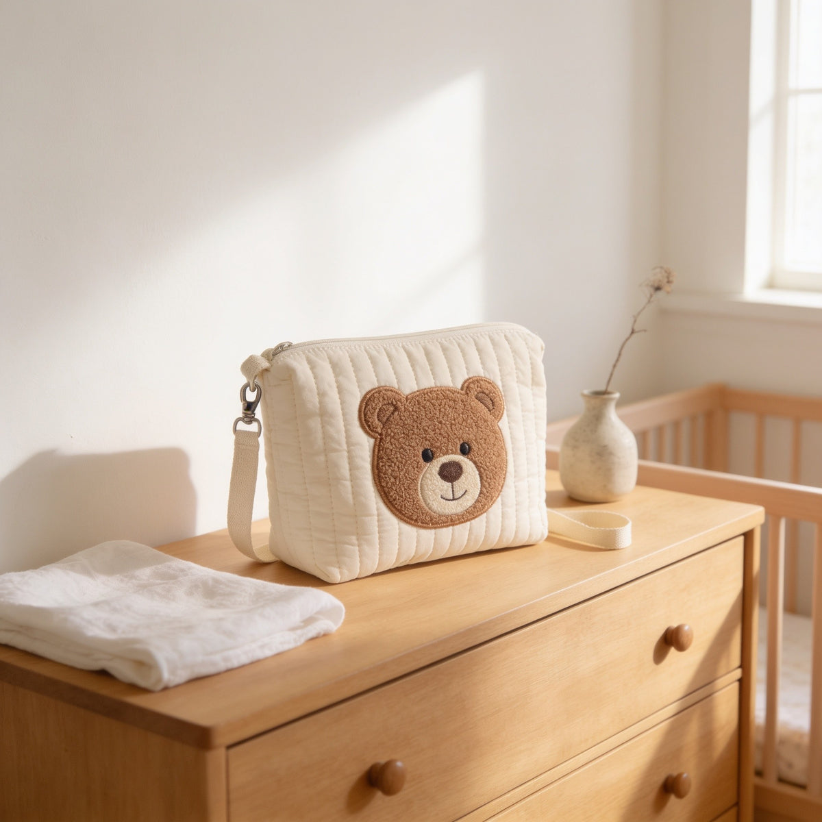 Quilted diaper pouch with one large embroidered bear patch.