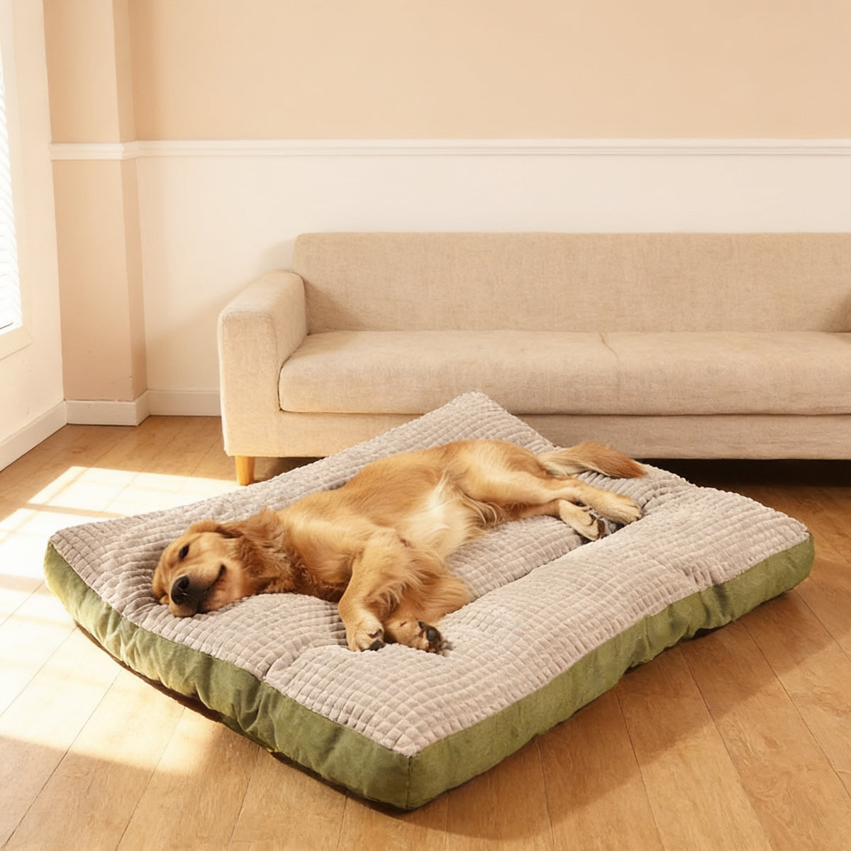 Golden retriever asleep on the Gray Green padded washable dog bed mat in a warm living room