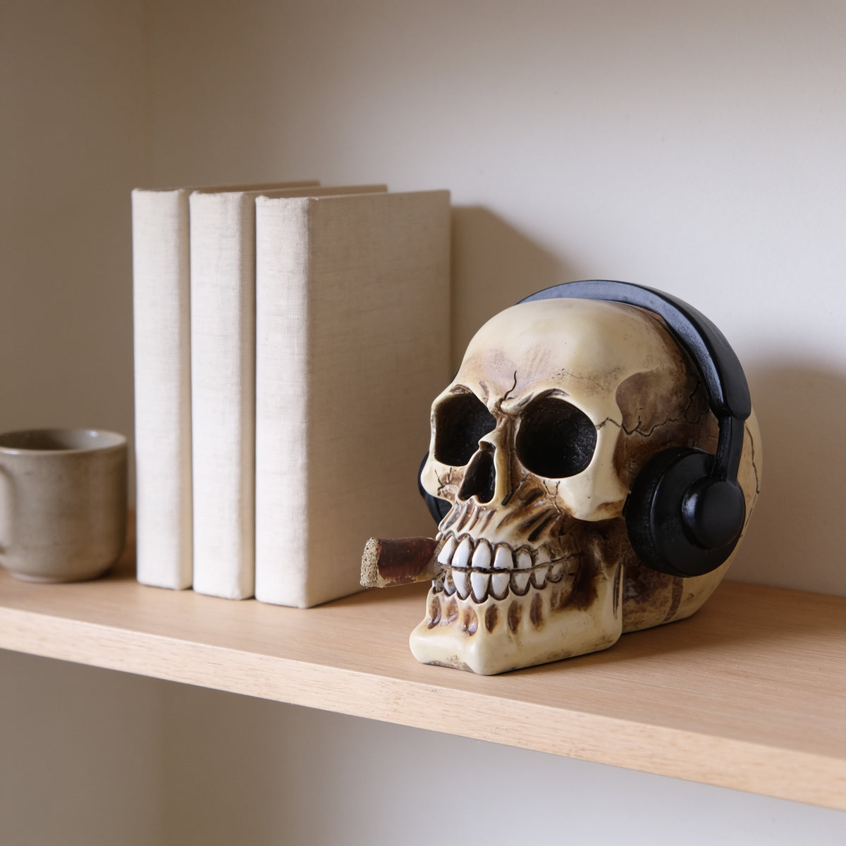 Headphones skull figurine on an oak bookshelf