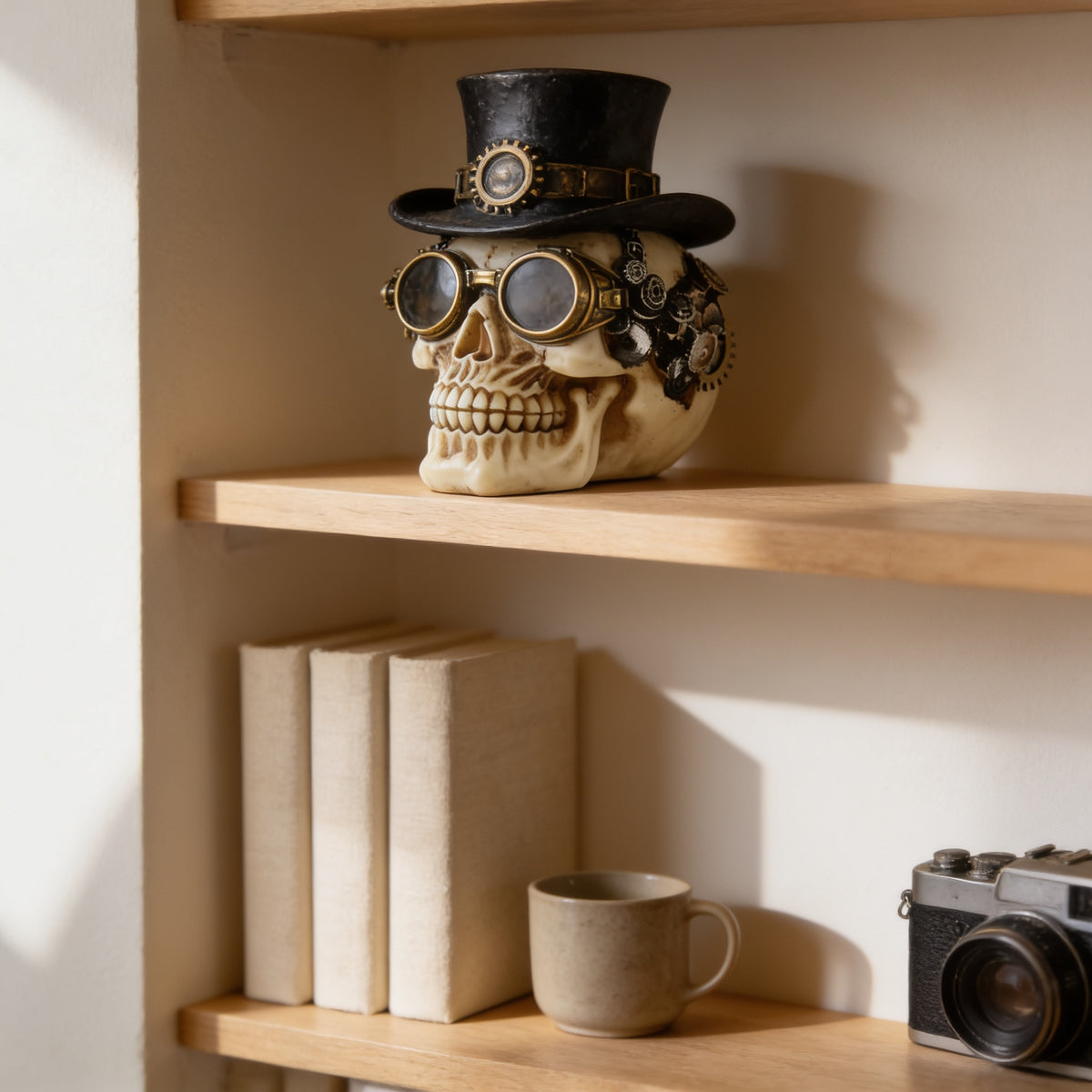 Steampunk goggles skull figurine on an oak bookshelf