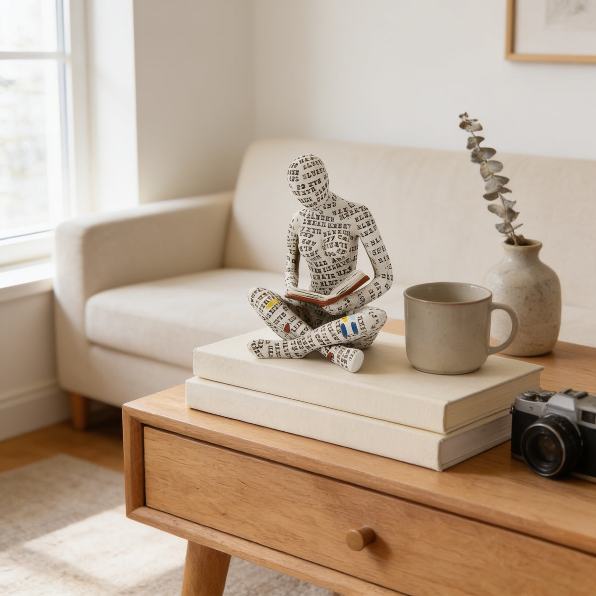 Cross-legged paper-pulp reading figurine on stacked books — Paper-Pulp Reading Figurine