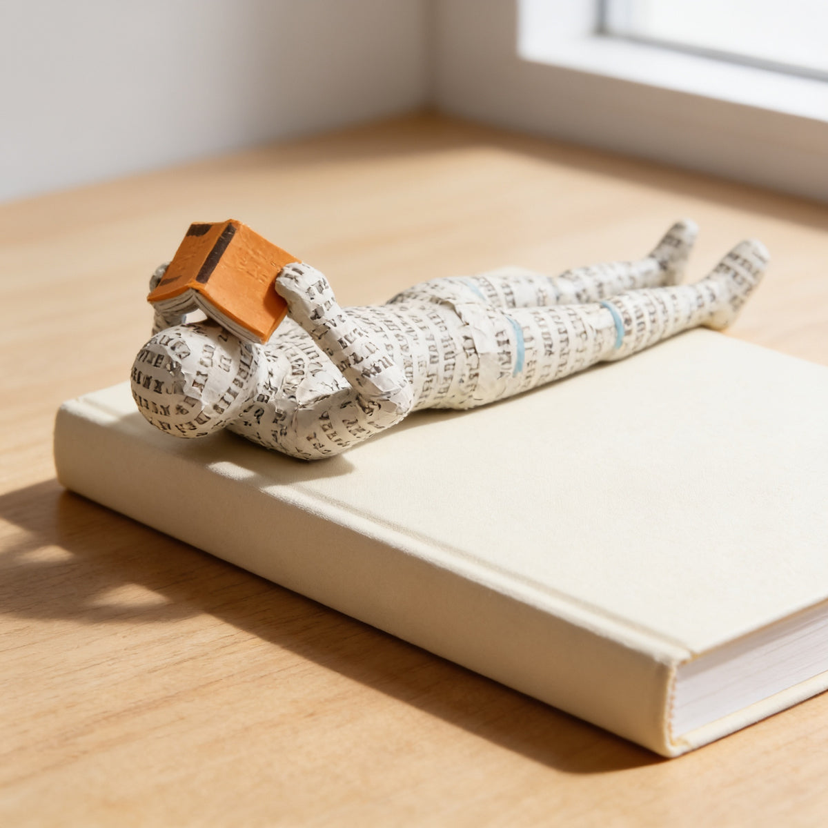 Lying paper-pulp reading figurine on a hardcover — Paper-Pulp Reading Figurine