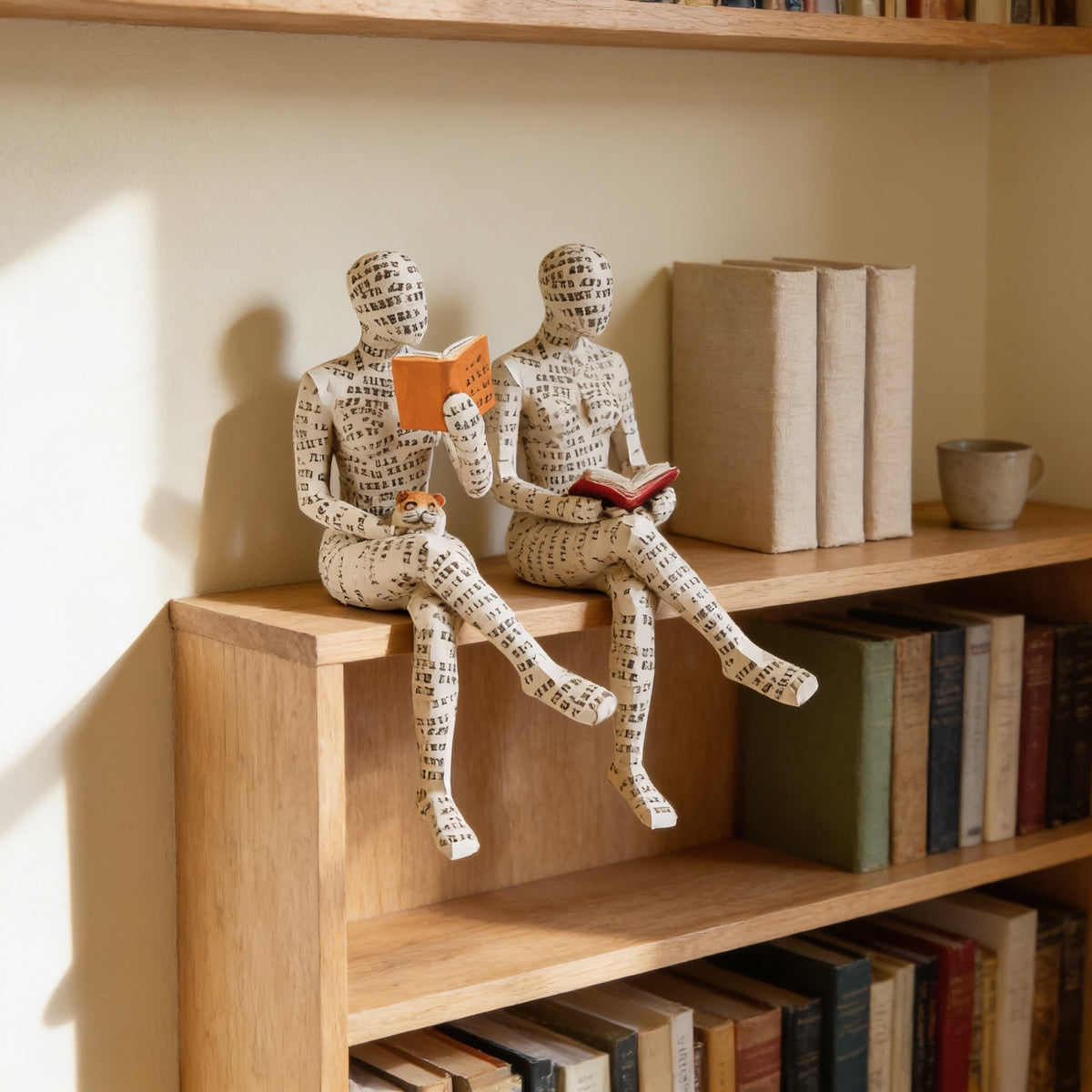 Two paper-pulp reading figurines on an oak bookshelf edge — Paper-Pulp Reading Figurine