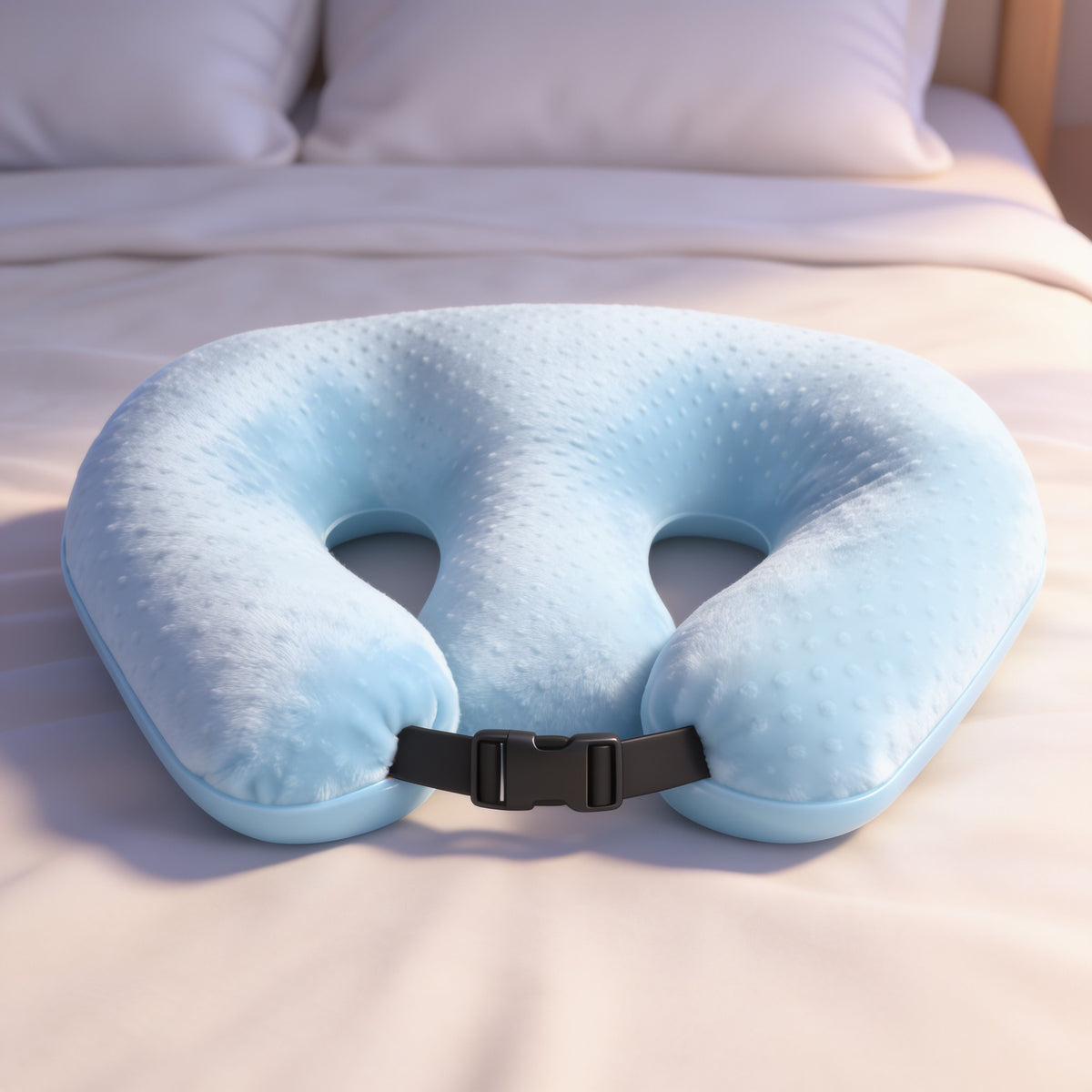 Light blue minky dot twin nursing pillow with buckle strap on a made bed.
