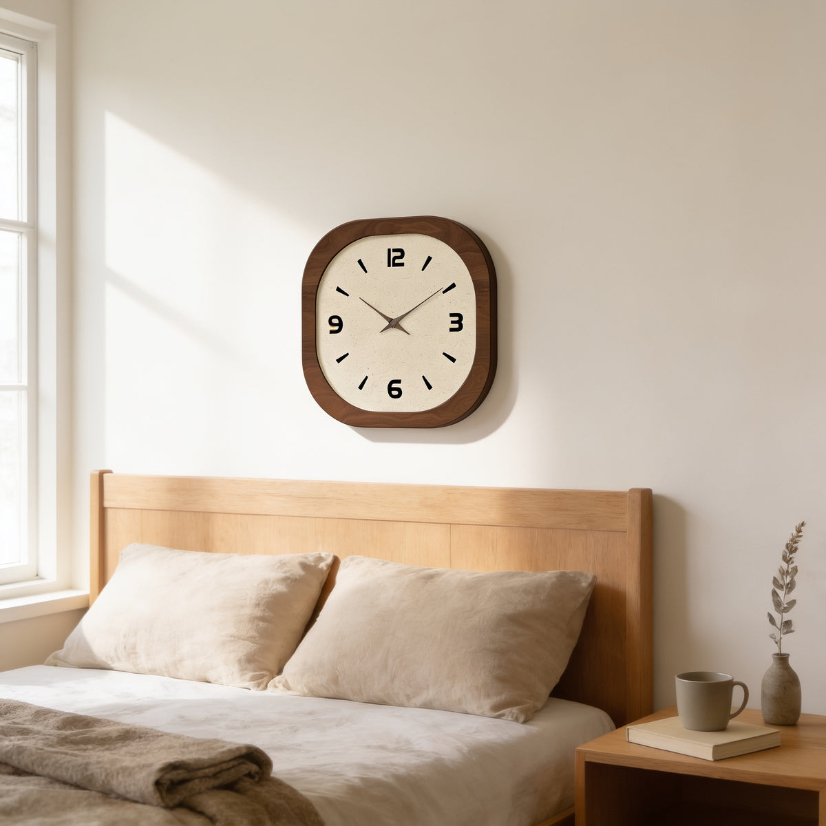 Rounded square walnut-frame wall clock with a cream dial above an oak headboard — Rounded Square Wood Wall Clock